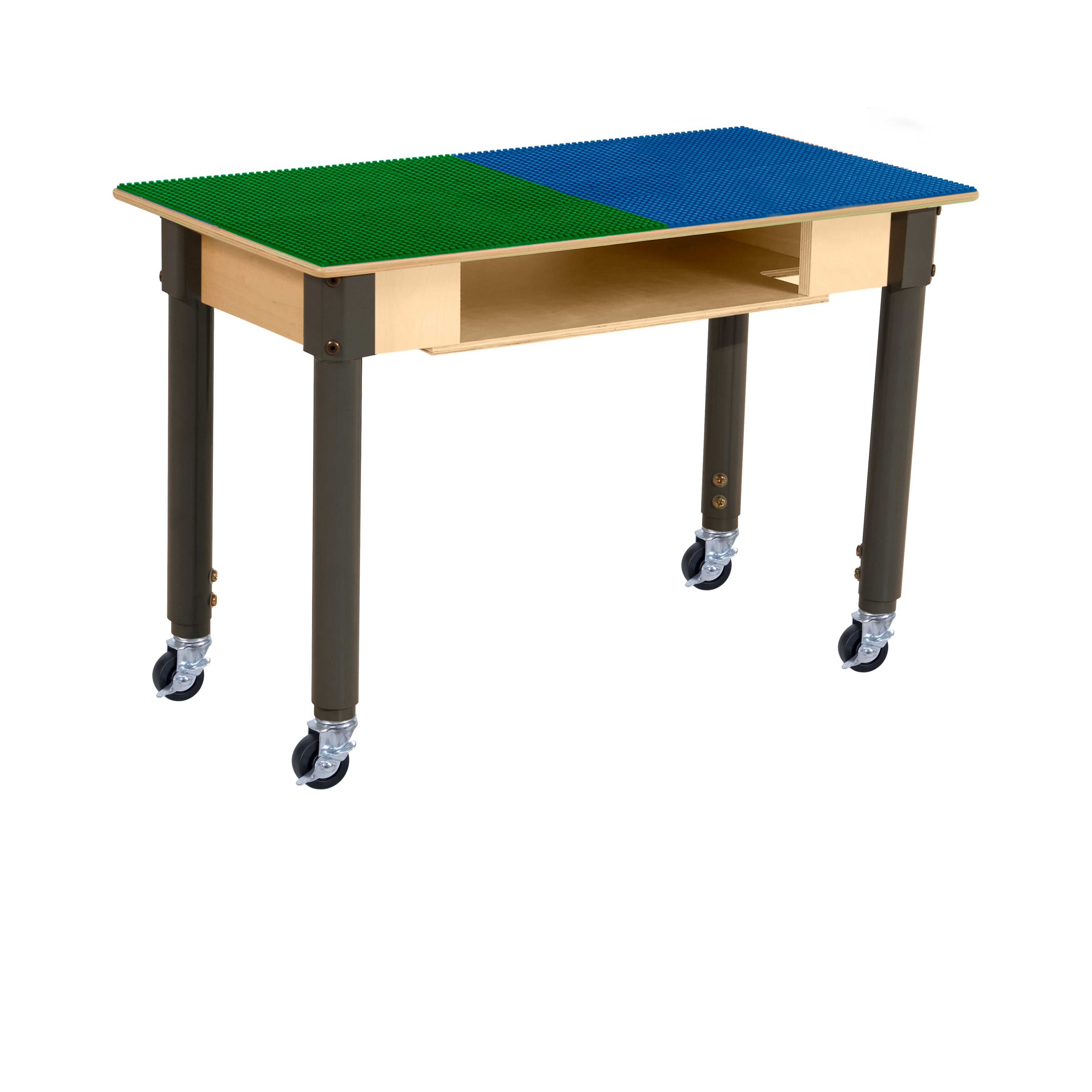 Rectangle Time-2-Play Table with a shelf, along with adjustable 18"-29" legs with locking casters and a LEGO® Compatible Grid of BLUE/GREEN Color