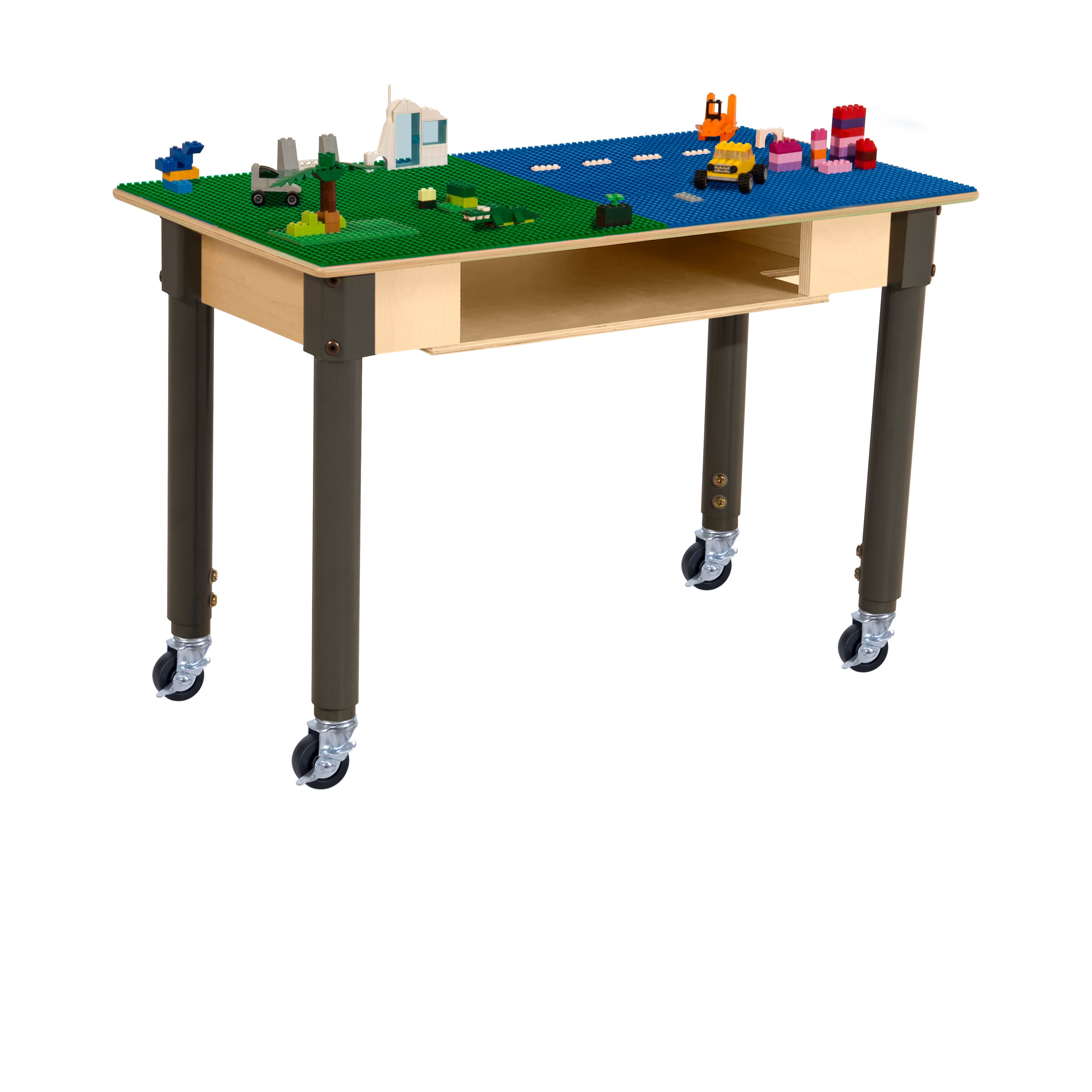Rectangle Time-2-Play Table with a shelf, along with adjustable 18"-29" legs with locking casters and a LEGO® Compatible Grid of BLUE/GREEN Color