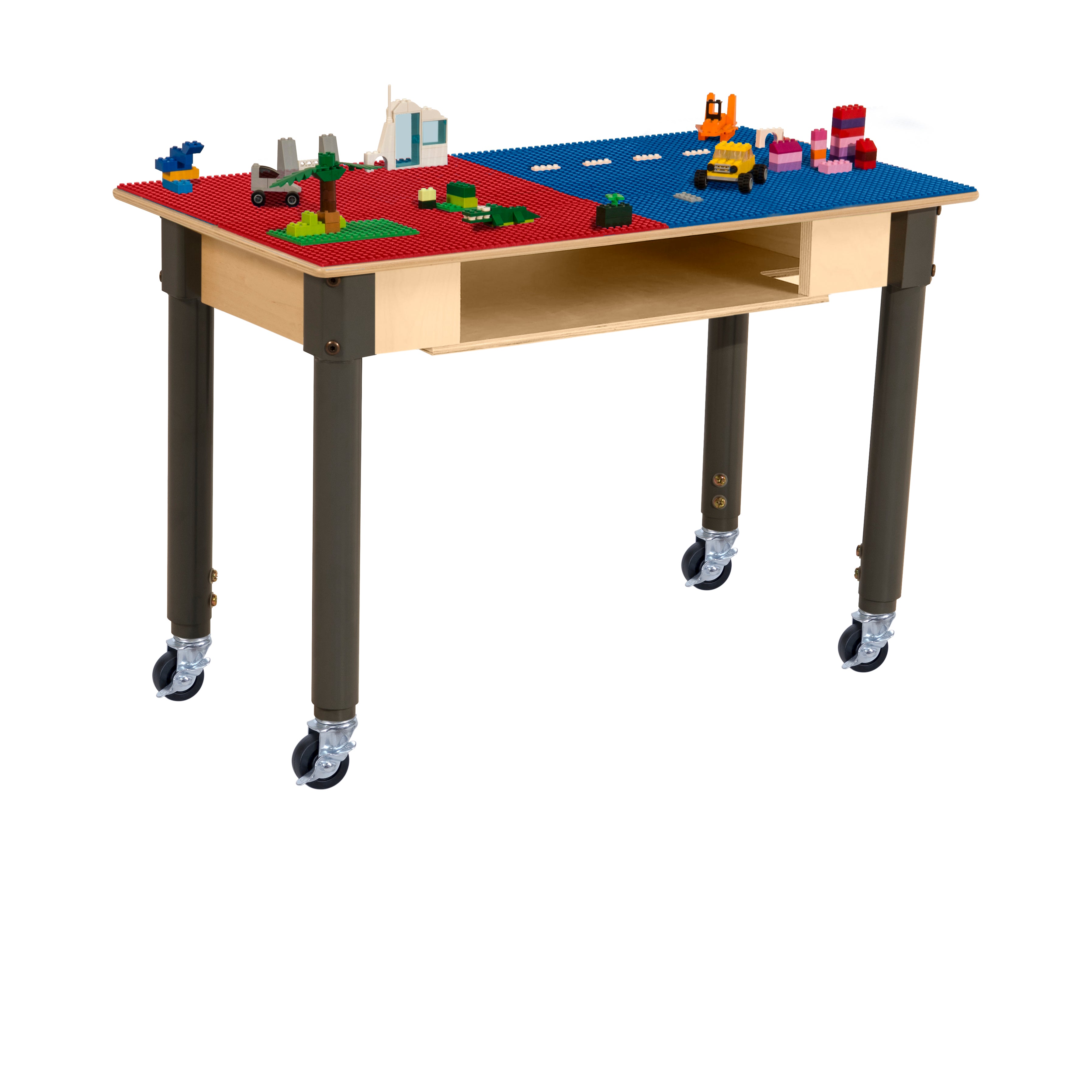 Rectangle Time-2-Play Table with a shelf, along with adjustable 18"-29" legs with locking casters and a LEGO® Compatible Grid of RED/BLUE Color