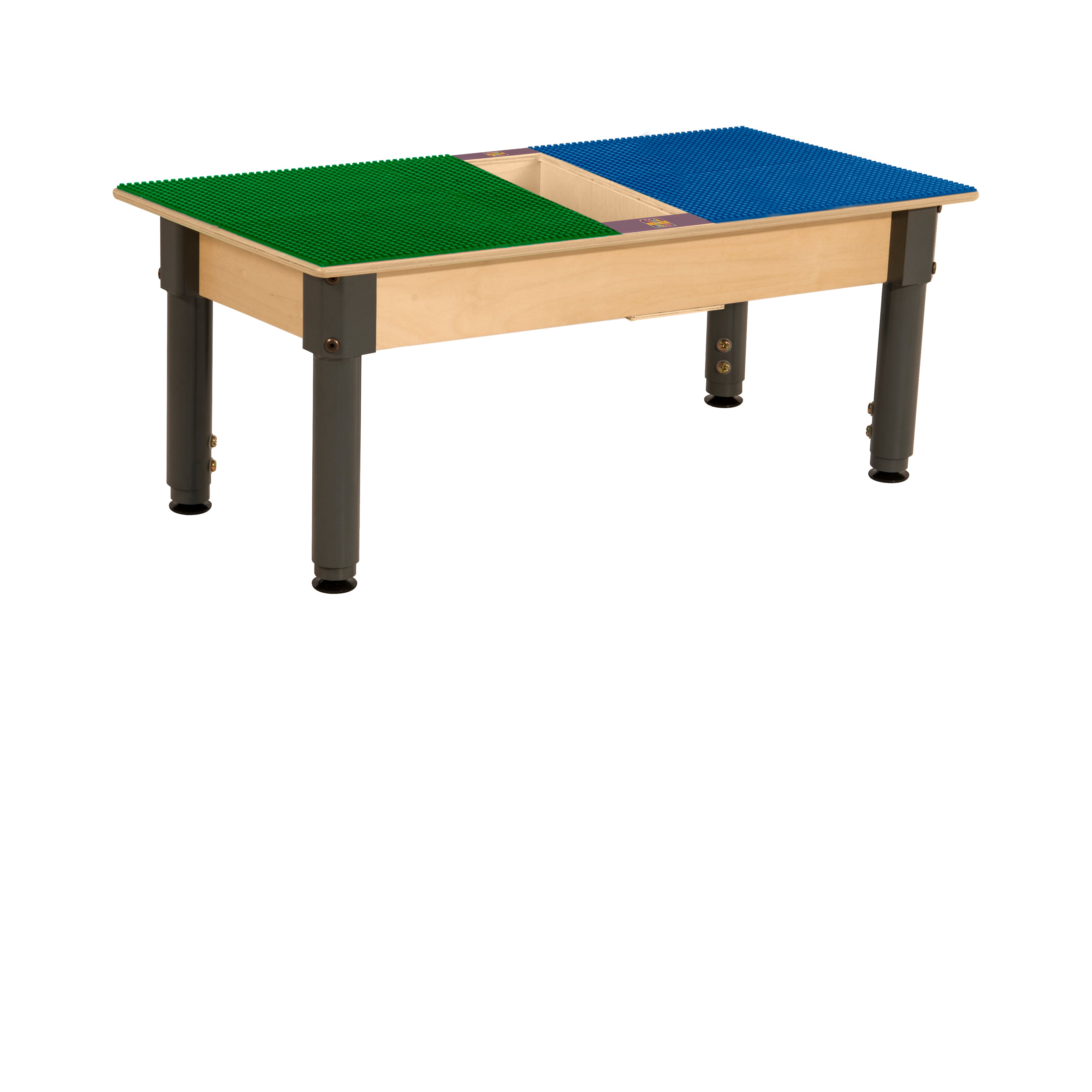 Rectangle Time-2-Play Table with a trough, along with adjustable 12"-17" legs and a DUPLO® Compatible Grid of BLUE/GREEN Color