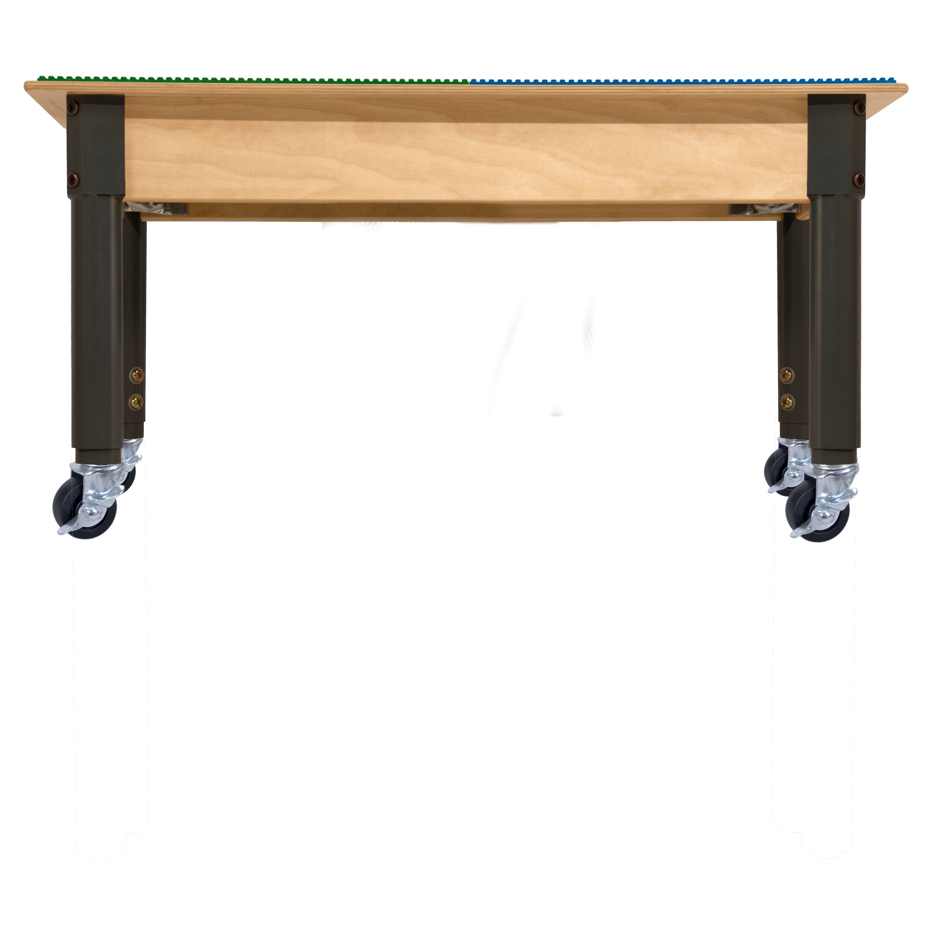 Rectangle Time-2-Play Table with a trough, along with adjustable 12"-18" legs with locking casters and a LEGO® Compatible Grid of BLUE/GREEN Color