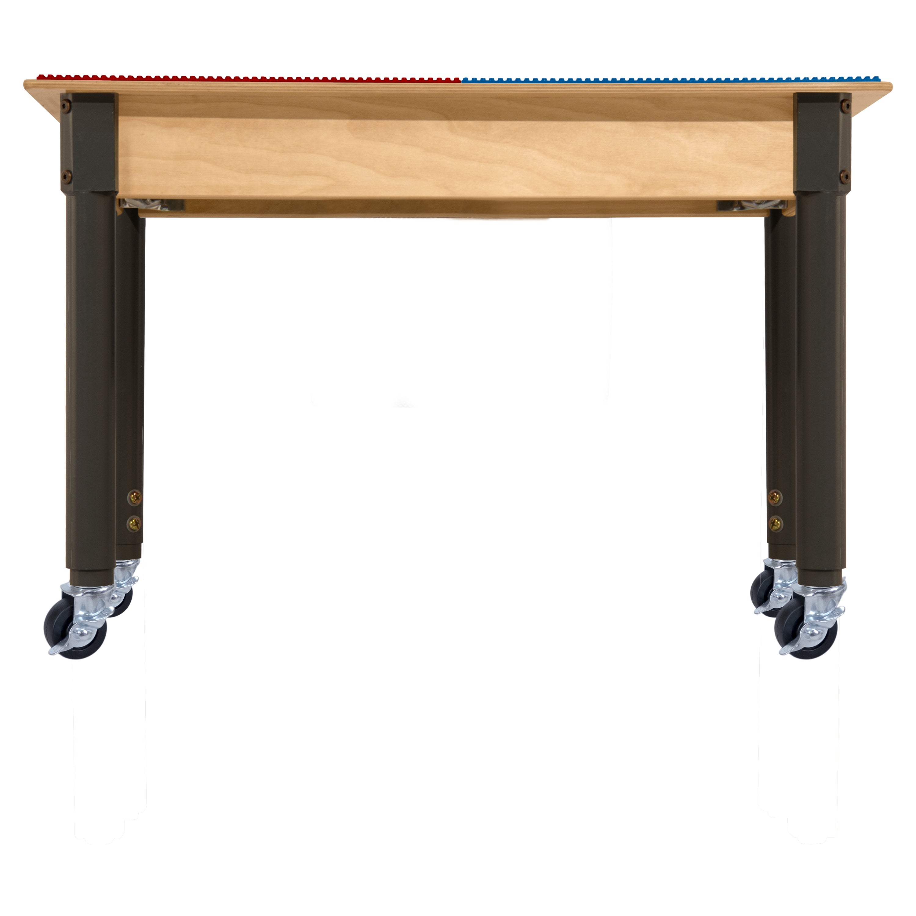 Rectangle Time-2-Play Table with a trough, along with adjustable 18"-29" legs with locking casters and a DUPLO® Compatible Grid of RED/BLUE Color