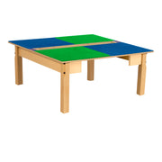 Square Time-2-Play Table with a trough, along with 14" legs and a LEGO® Compatible Grid of BLUE/GREEN Color