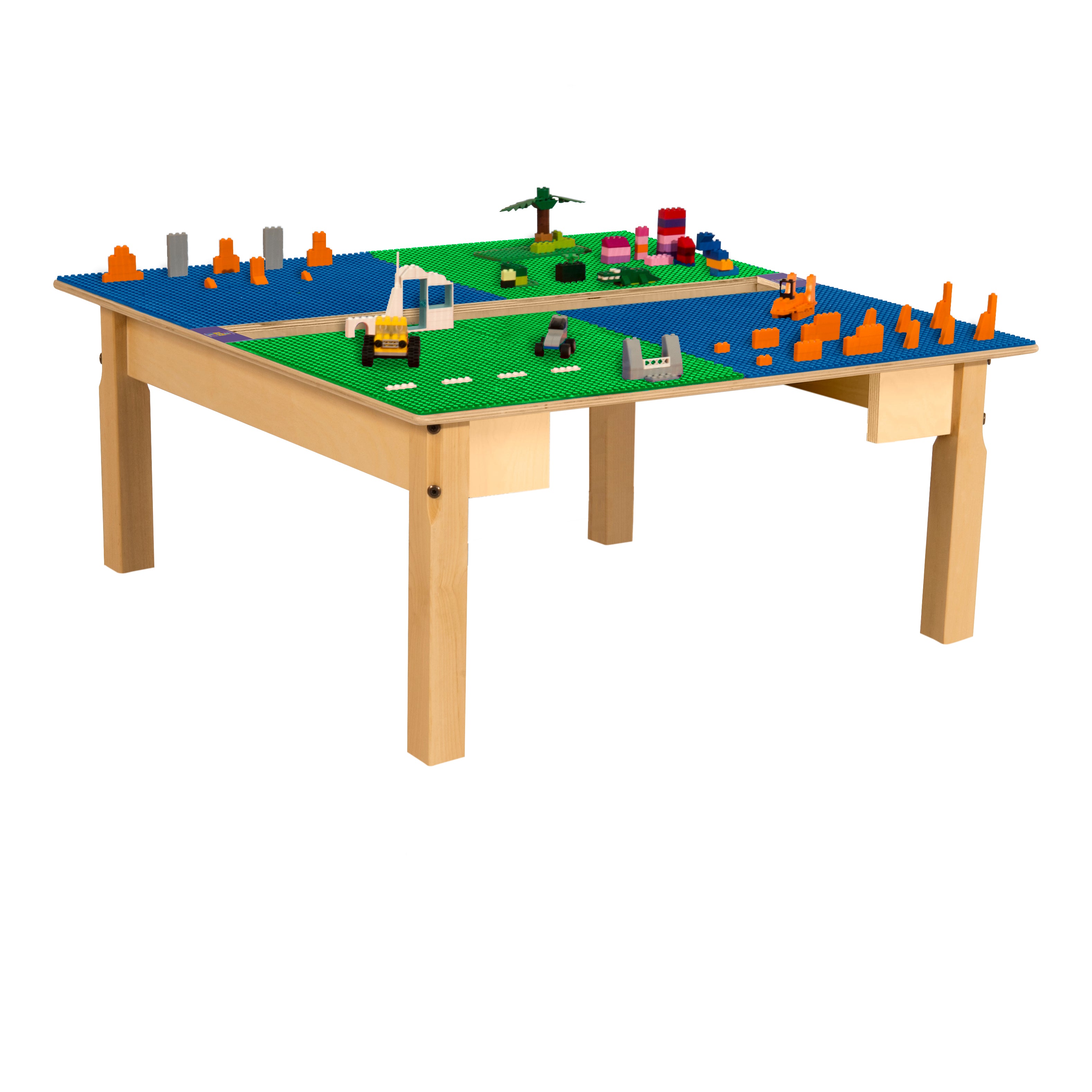 Square Time-2-Play Table with a trough, along with 14" legs and a LEGO® Compatible Grid of BLUE/GREEN Color