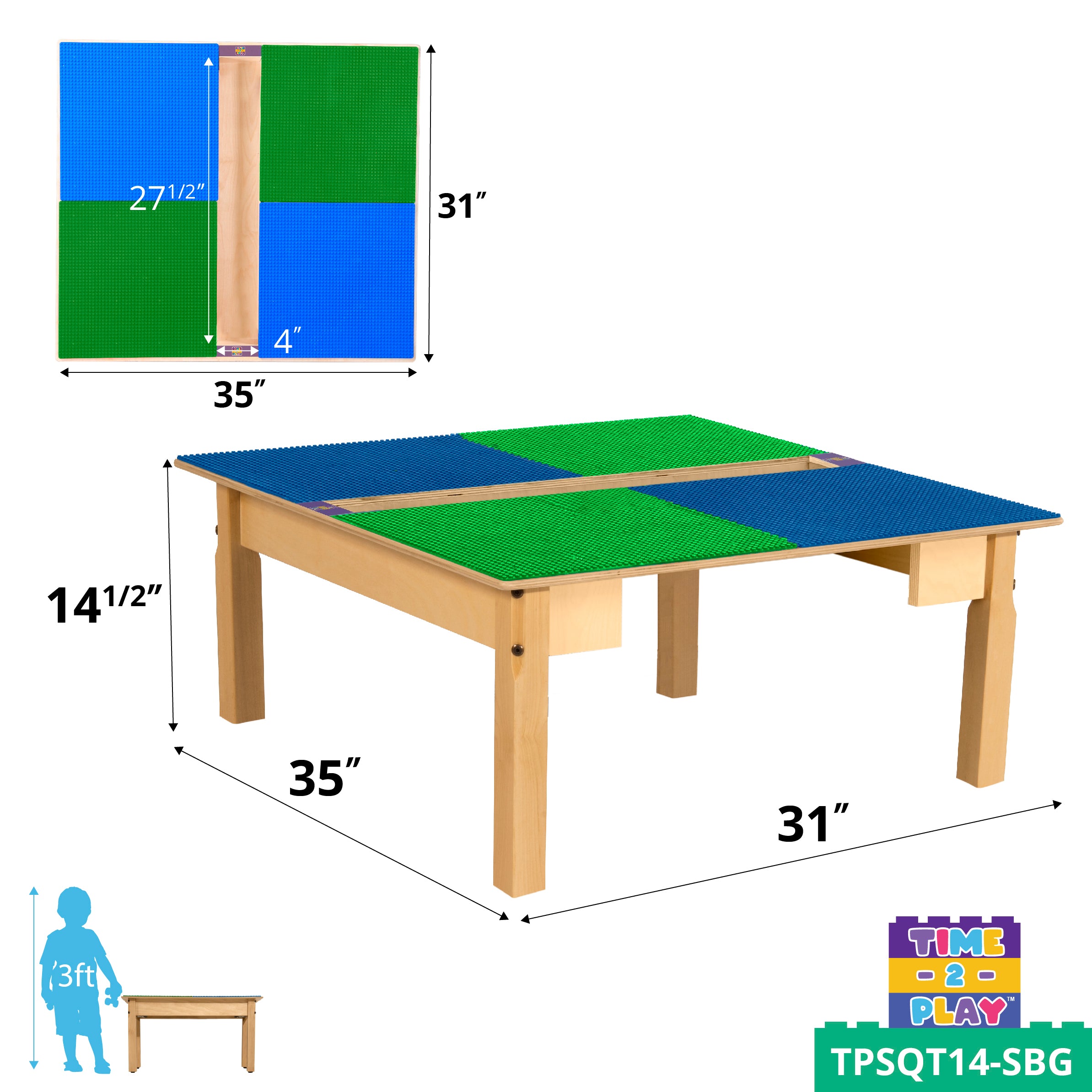 Square Time-2-Play Table with a trough, along with 14" legs and a LEGO® Compatible Grid of BLUE/GREEN Color