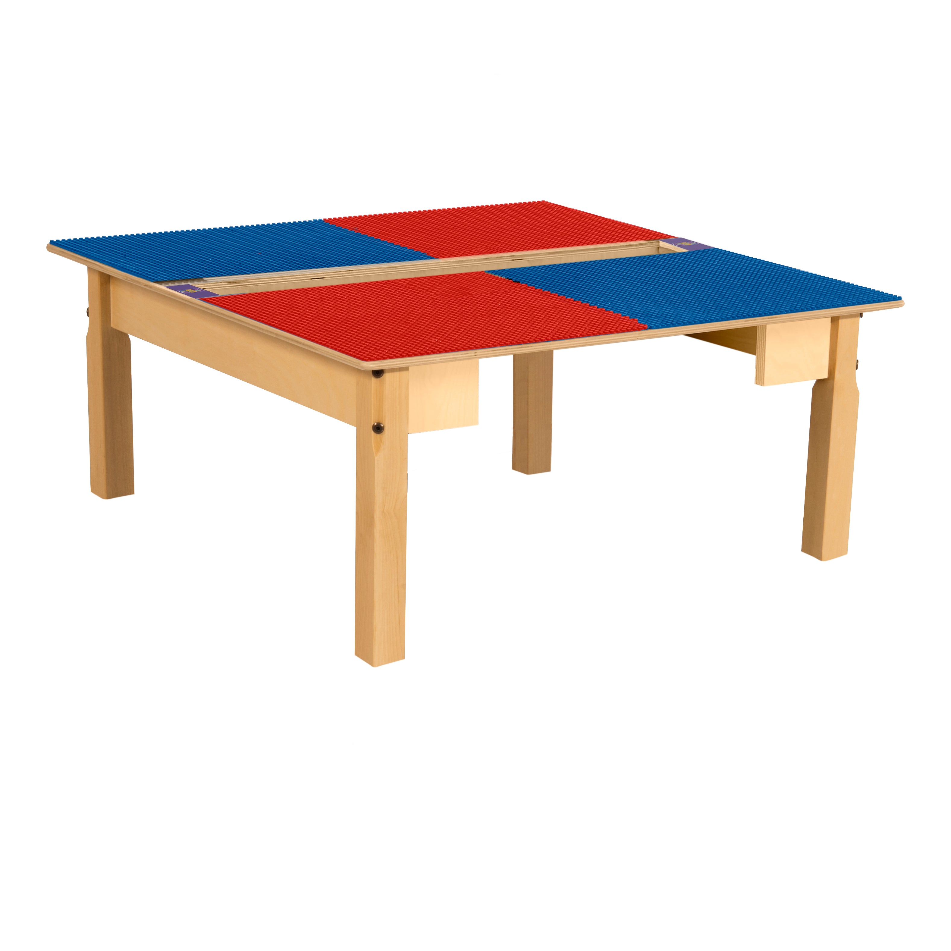 Square Time-2-Play Table with a trough, along with 14" legs and a LEGO® Compatible Grid of RED/BLUE Color