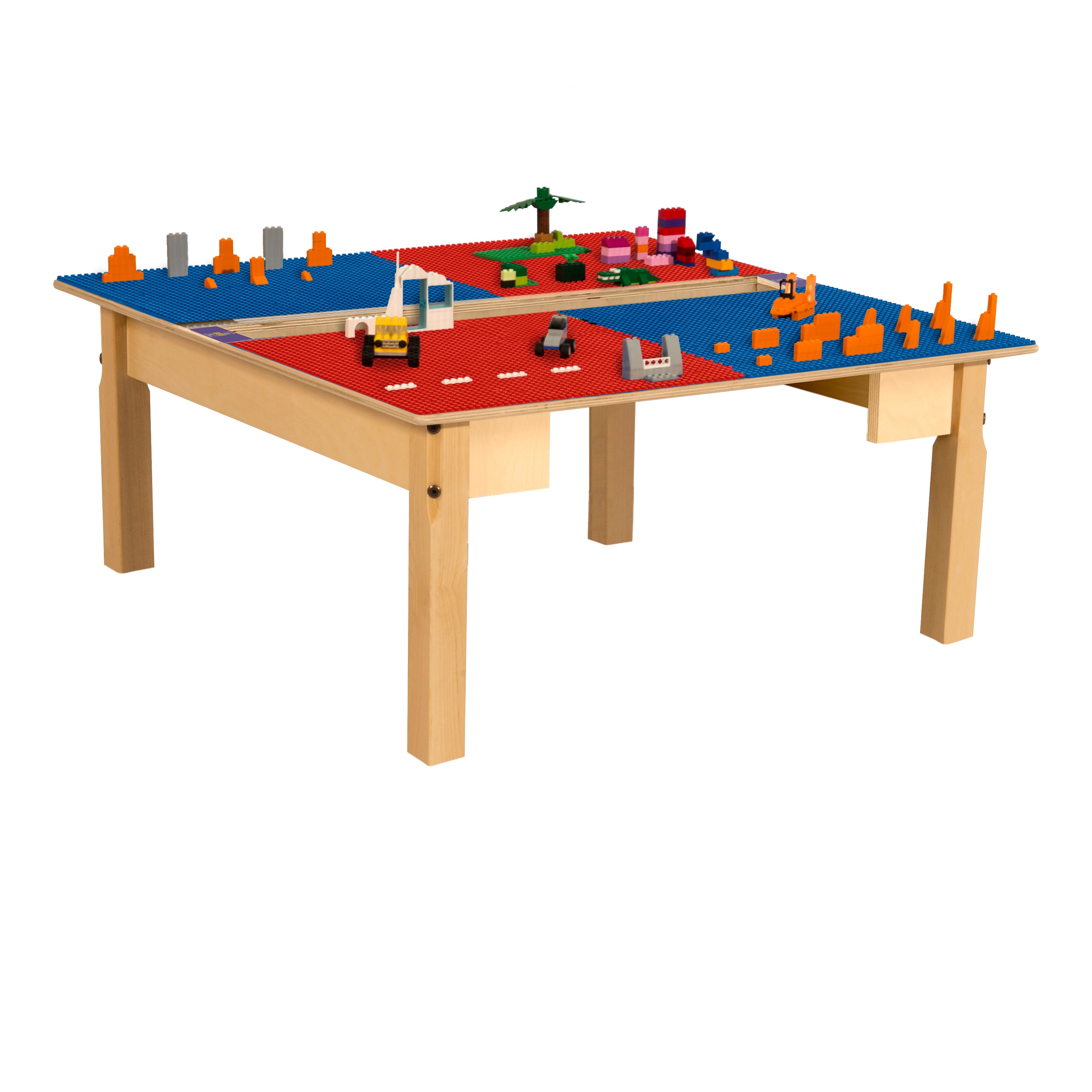 Square Time-2-Play Table with a trough, along with 14" legs and a LEGO® Compatible Grid of RED/BLUE Color