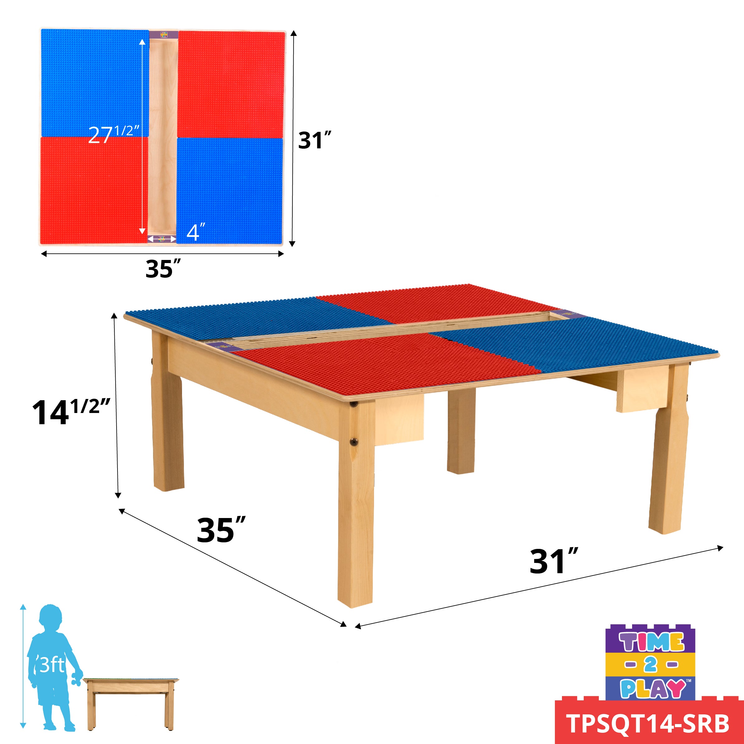 Square Time-2-Play Table with a trough, along with 14" legs and a LEGO® Compatible Grid of RED/BLUE Color
