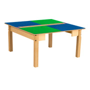 Square Time-2-Play Table with a trough, along with 16" legs and a LEGO® Compatible Grid of BLUE/GREEN Color