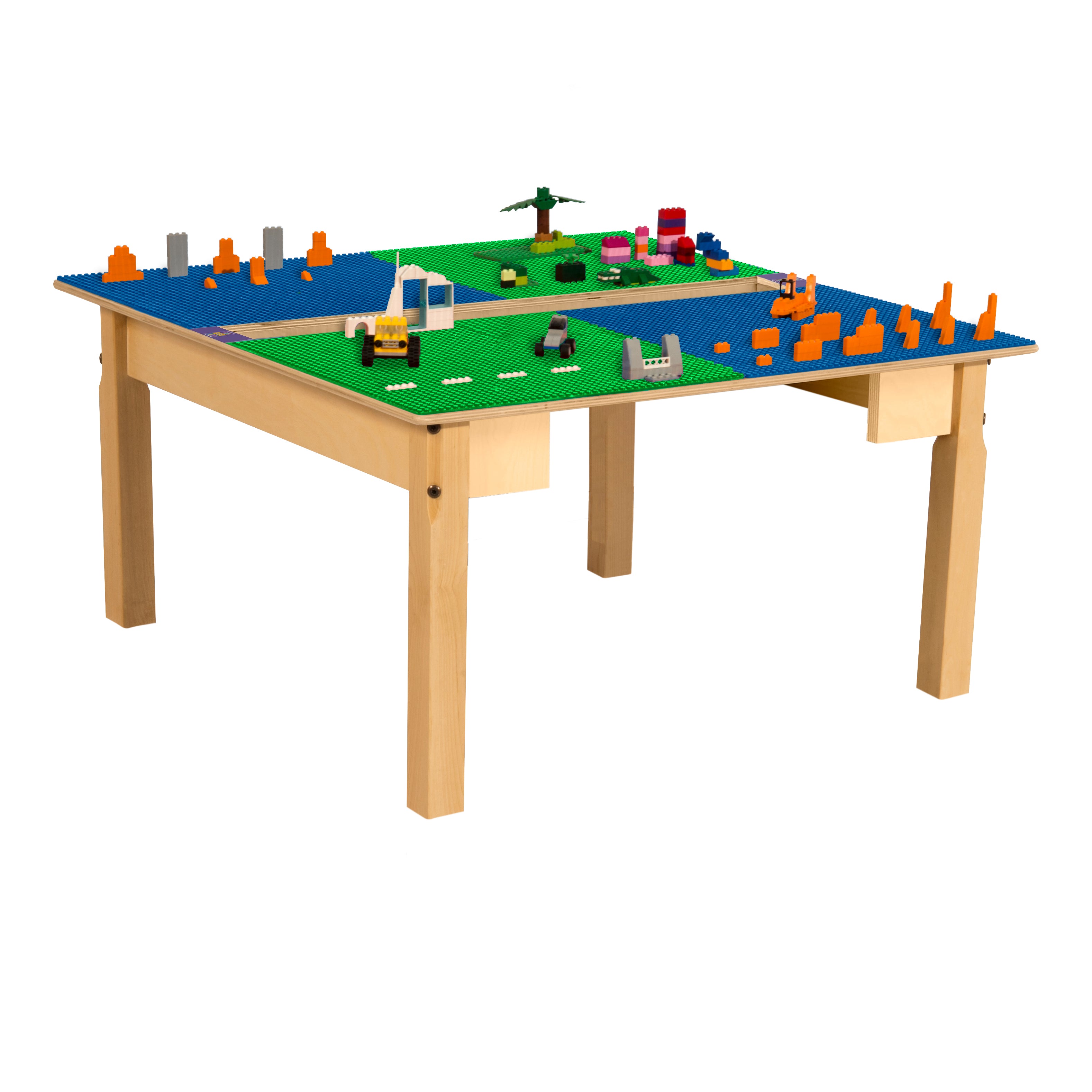 Square Time-2-Play Table with a trough, along with 16" legs and a LEGO® Compatible Grid of BLUE/GREEN Color