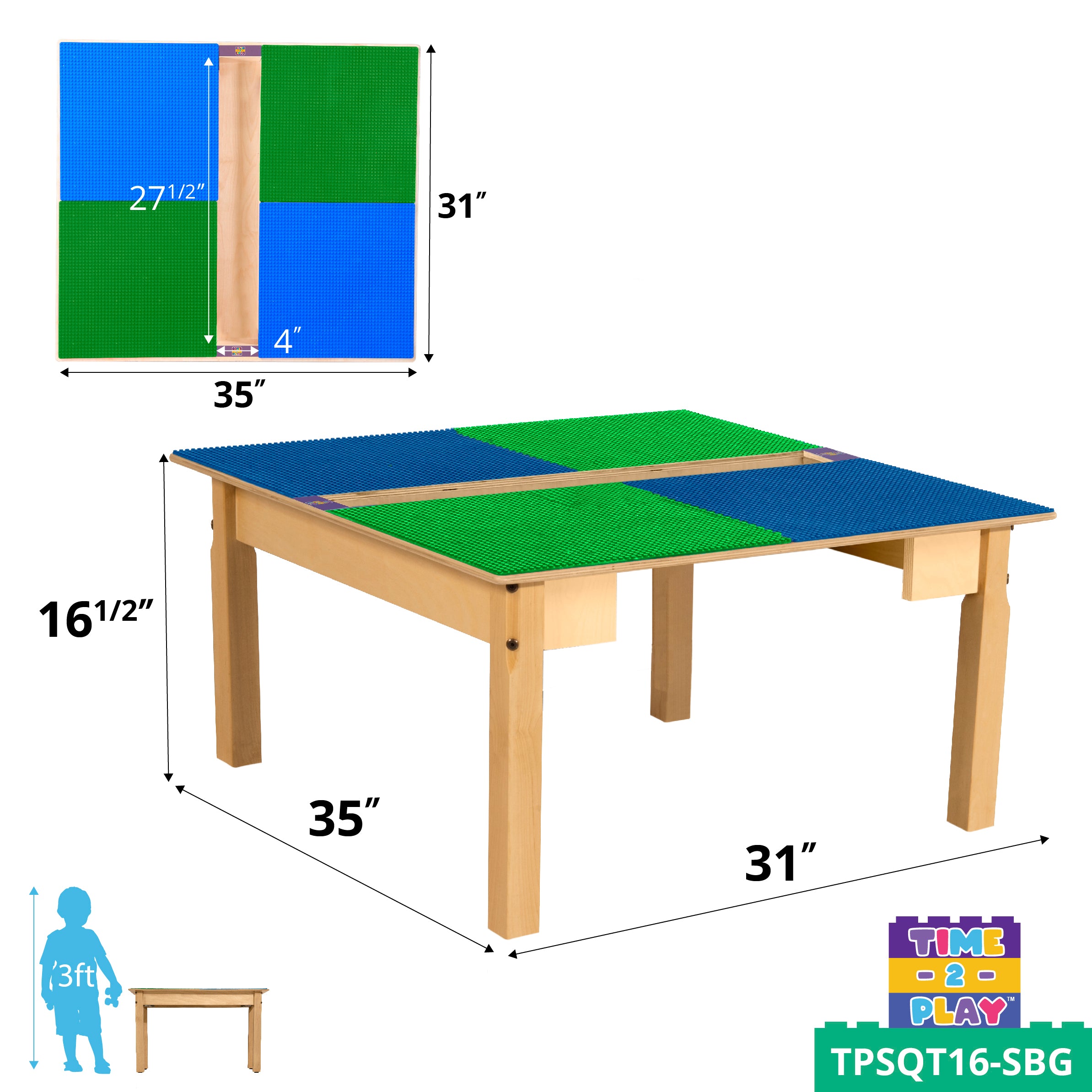 Square Time-2-Play Table with a trough, along with 16" legs and a LEGO® Compatible Grid of BLUE/GREEN Color