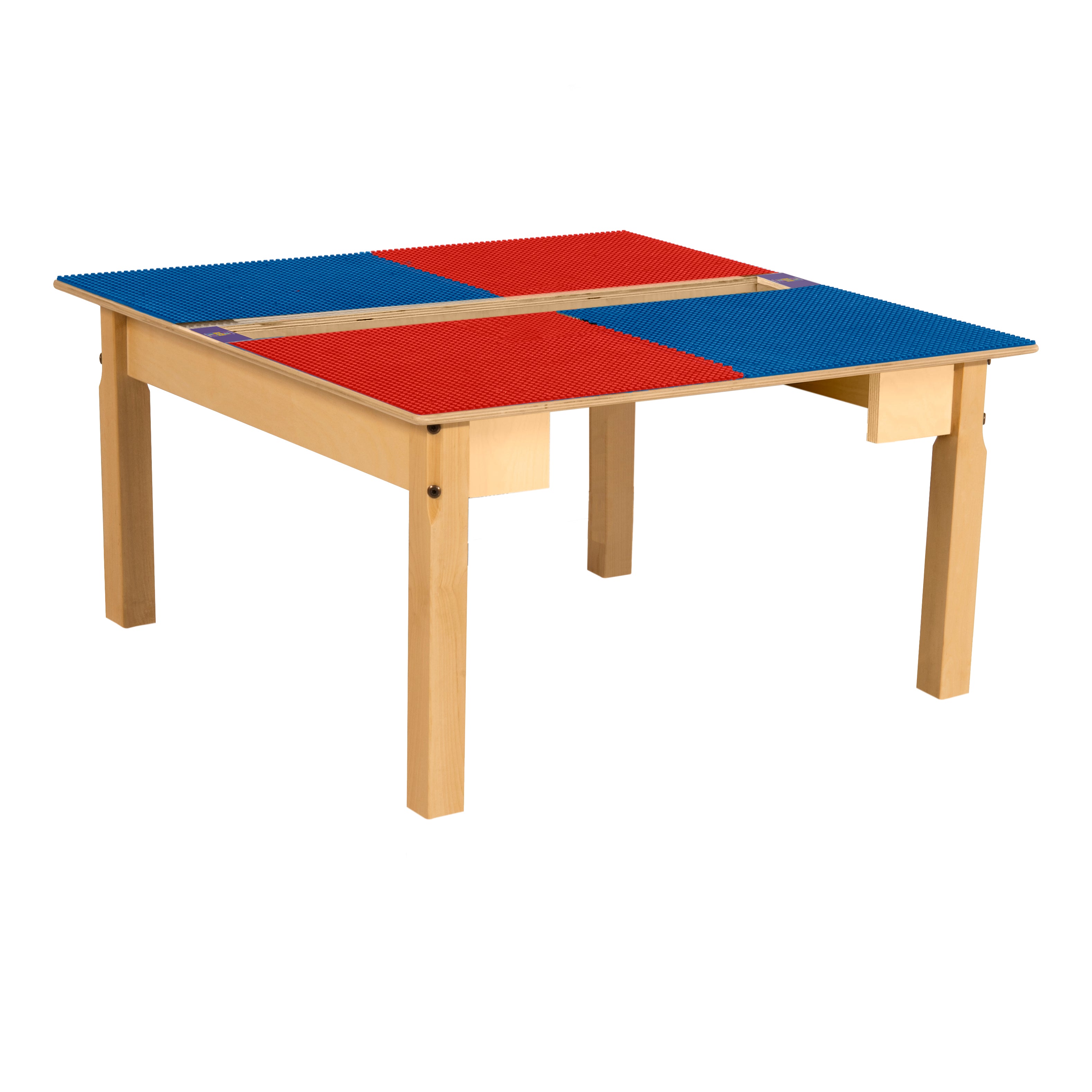 Square Time-2-Play Table with a trough, along with 16" legs and a LEGO® Compatible Grid of RED/BLUE Color