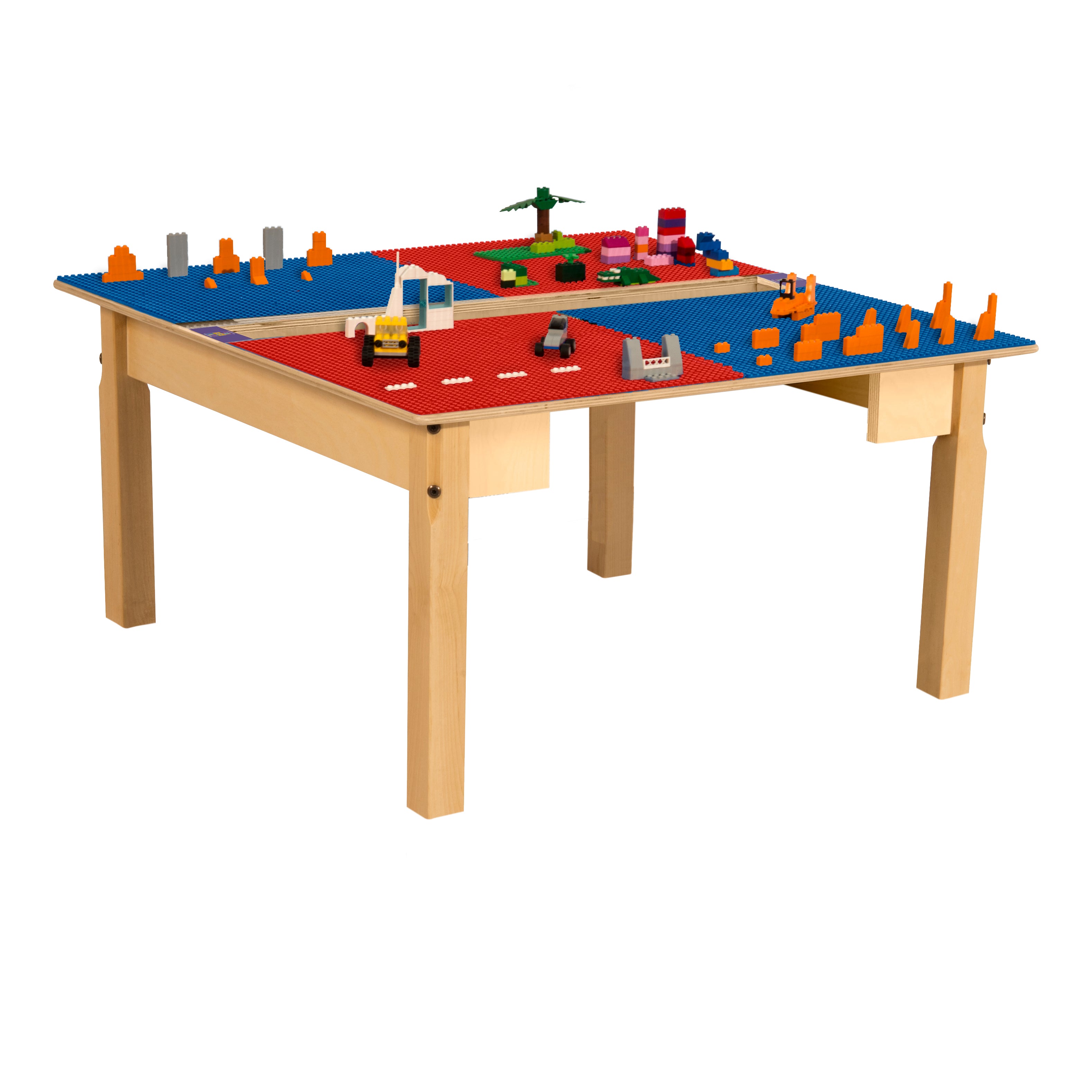 Square Time-2-Play Table with a trough, along with 16" legs and a LEGO® Compatible Grid of RED/BLUE Color