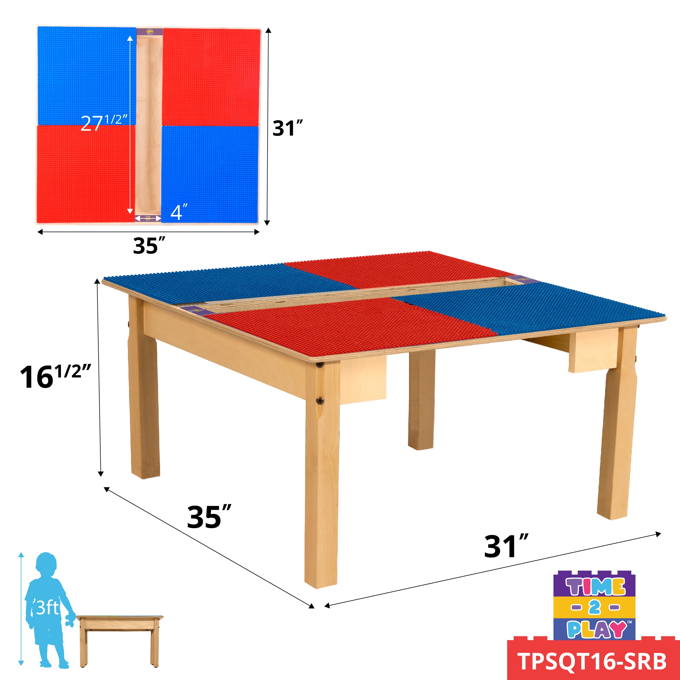 Square Time-2-Play Table with a trough, along with 16" legs and a LEGO® Compatible Grid of RED/BLUE Color