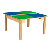 Square Time-2-Play Table with a trough, along with 18" legs and a LEGO® Compatible Grid of BLUE/GREEN Color