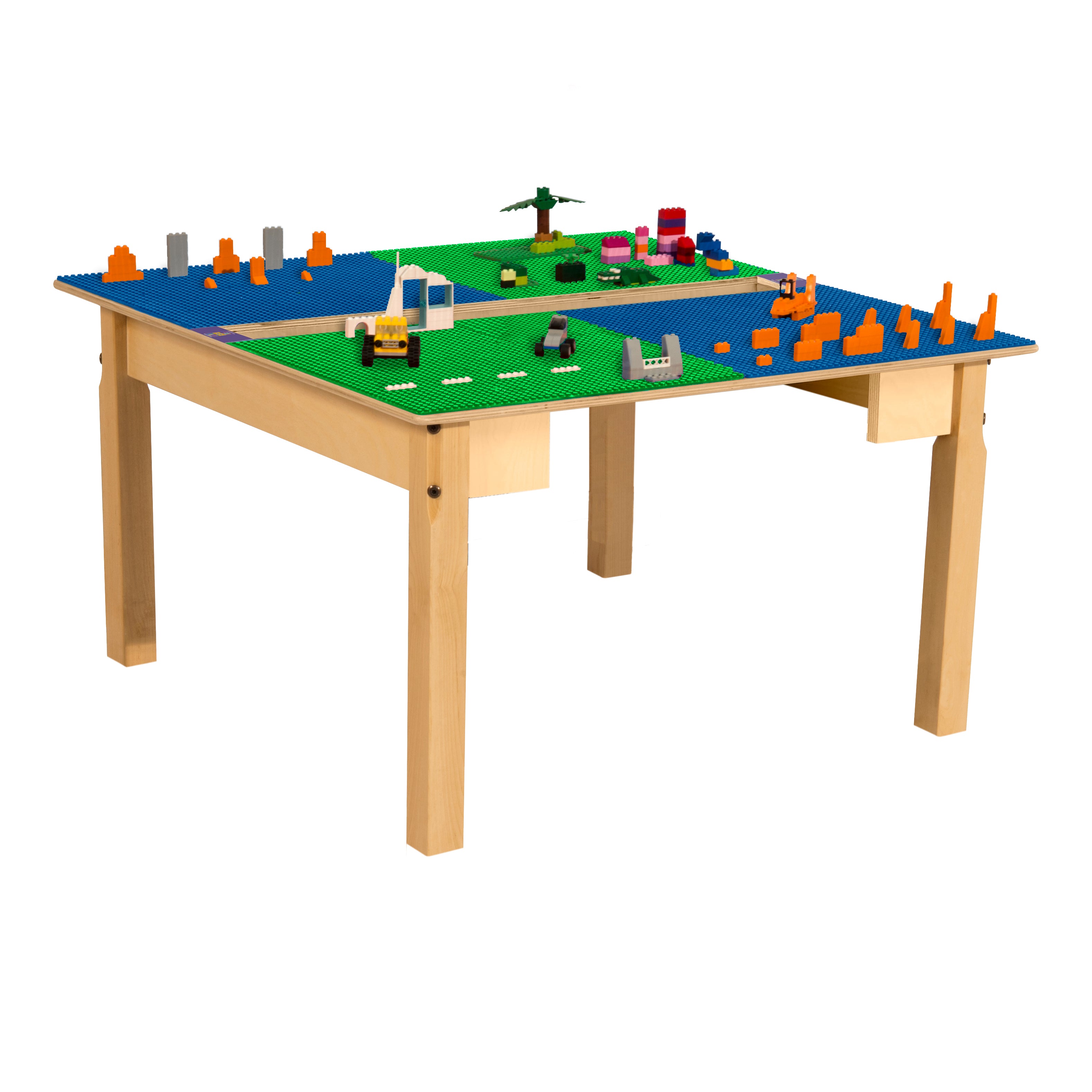 Square Time-2-Play Table with a trough, along with 18" legs and a LEGO® Compatible Grid of BLUE/GREEN Color