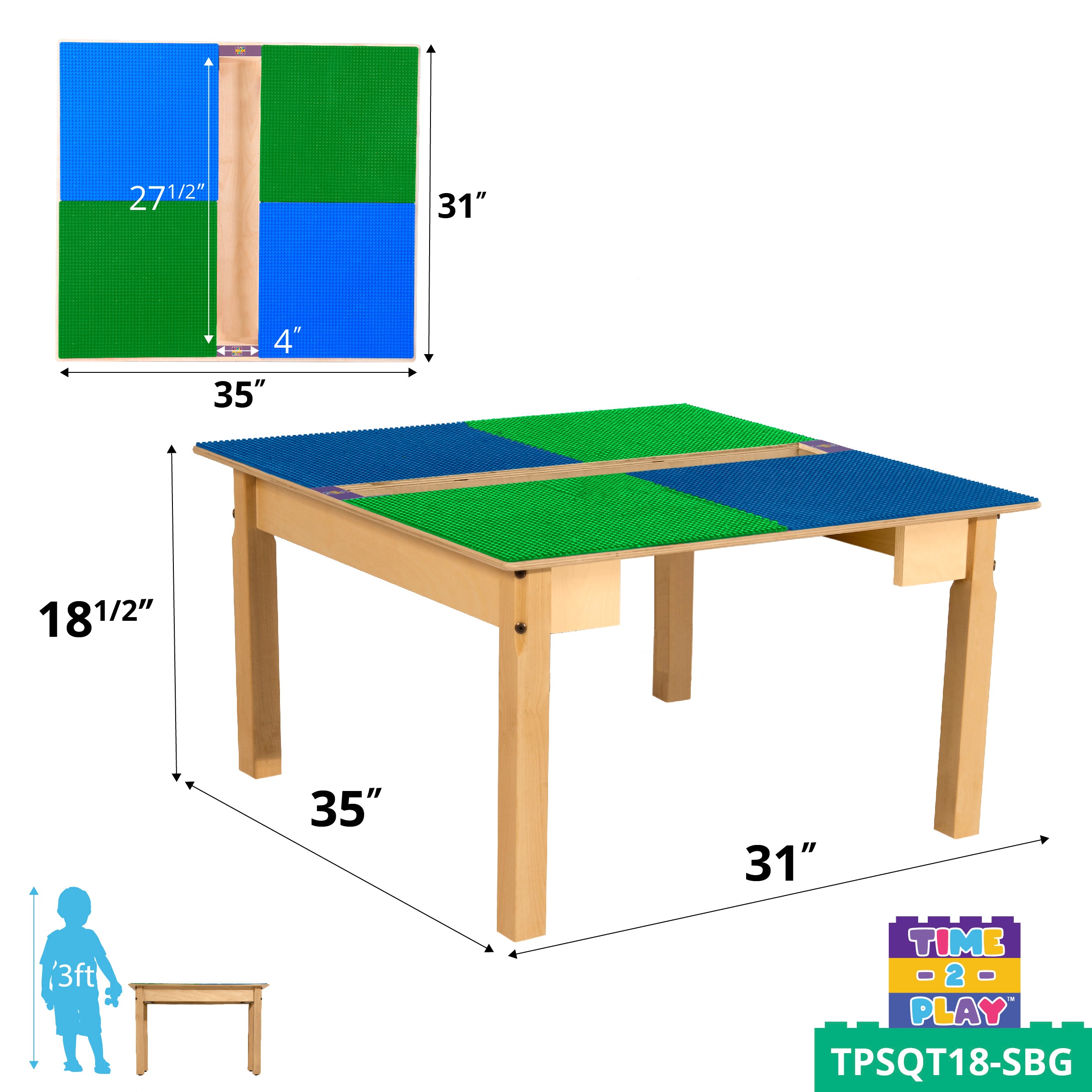 Square Time-2-Play Table with a trough, along with 18" legs and a LEGO® Compatible Grid of BLUE/GREEN Color
