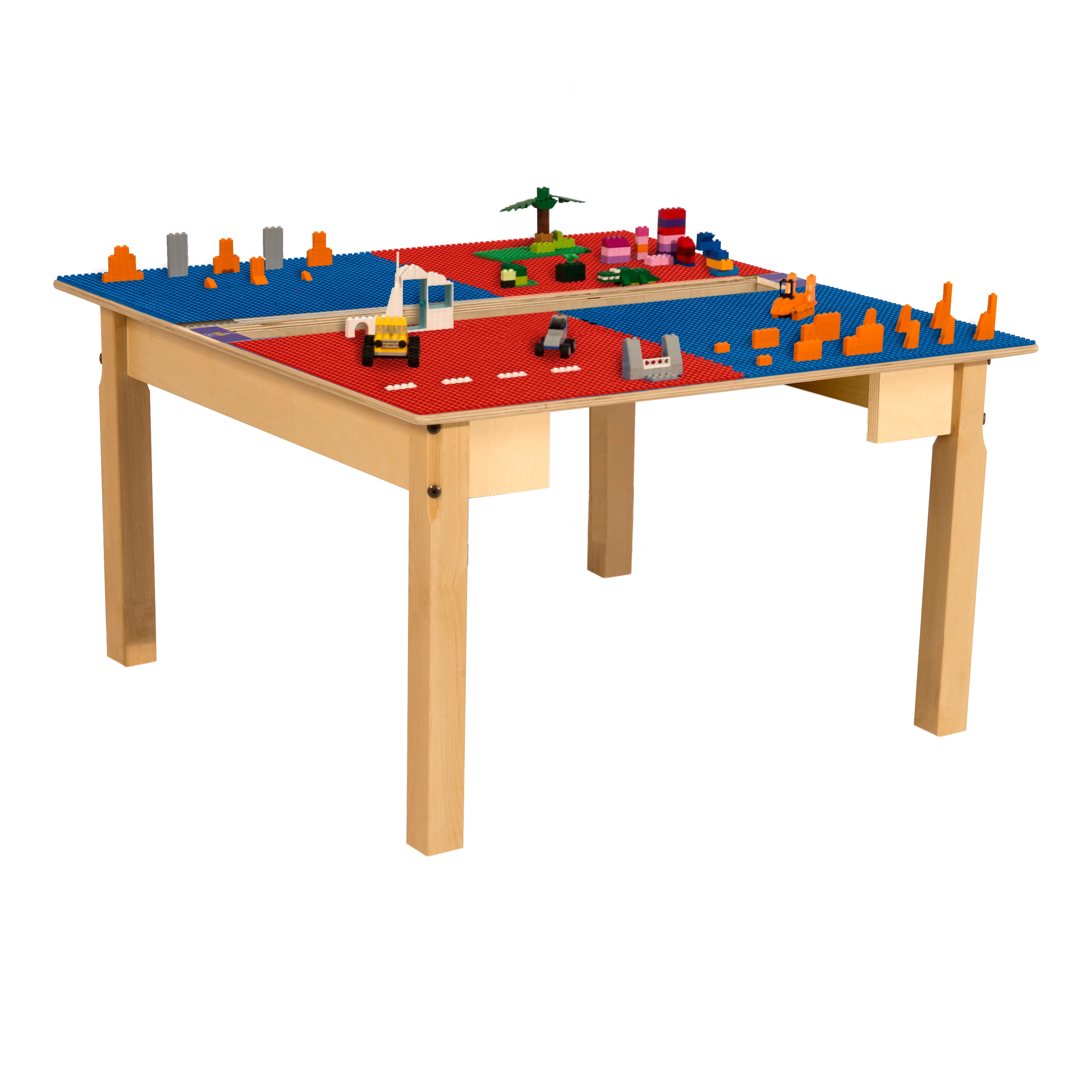 Square Time-2-Play Table with a trough, along with 18" legs and a LEGO® Compatible Grid of RED/BLUE Color
