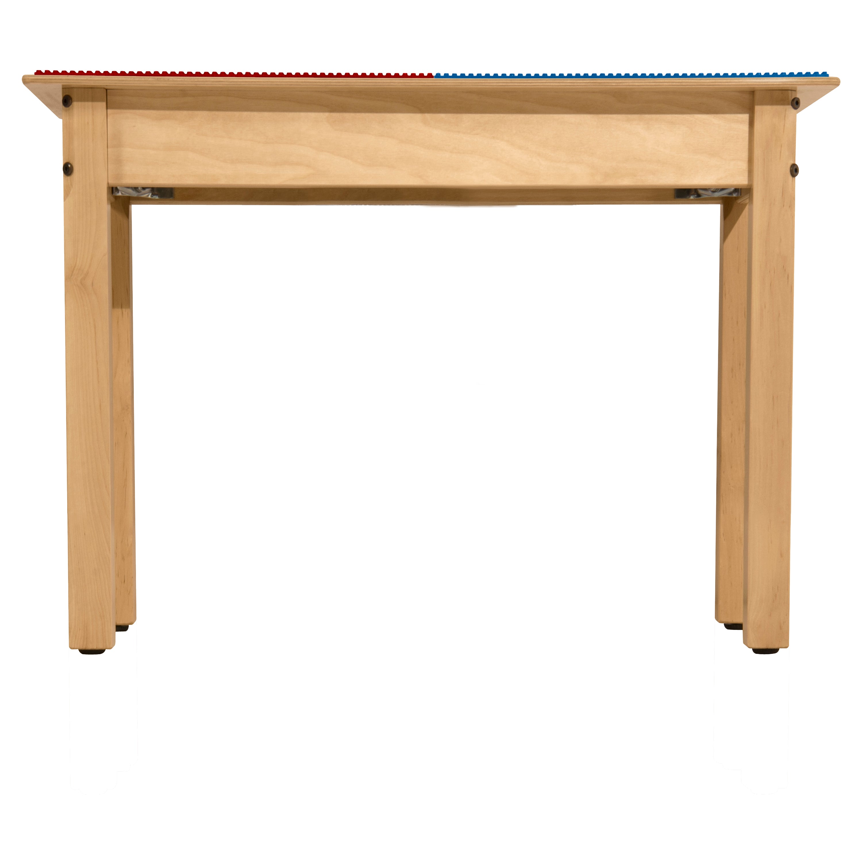 Square Time-2-Play Table with a trough, along with 18" legs and a LEGO® Compatible Grid of RED/BLUE Color