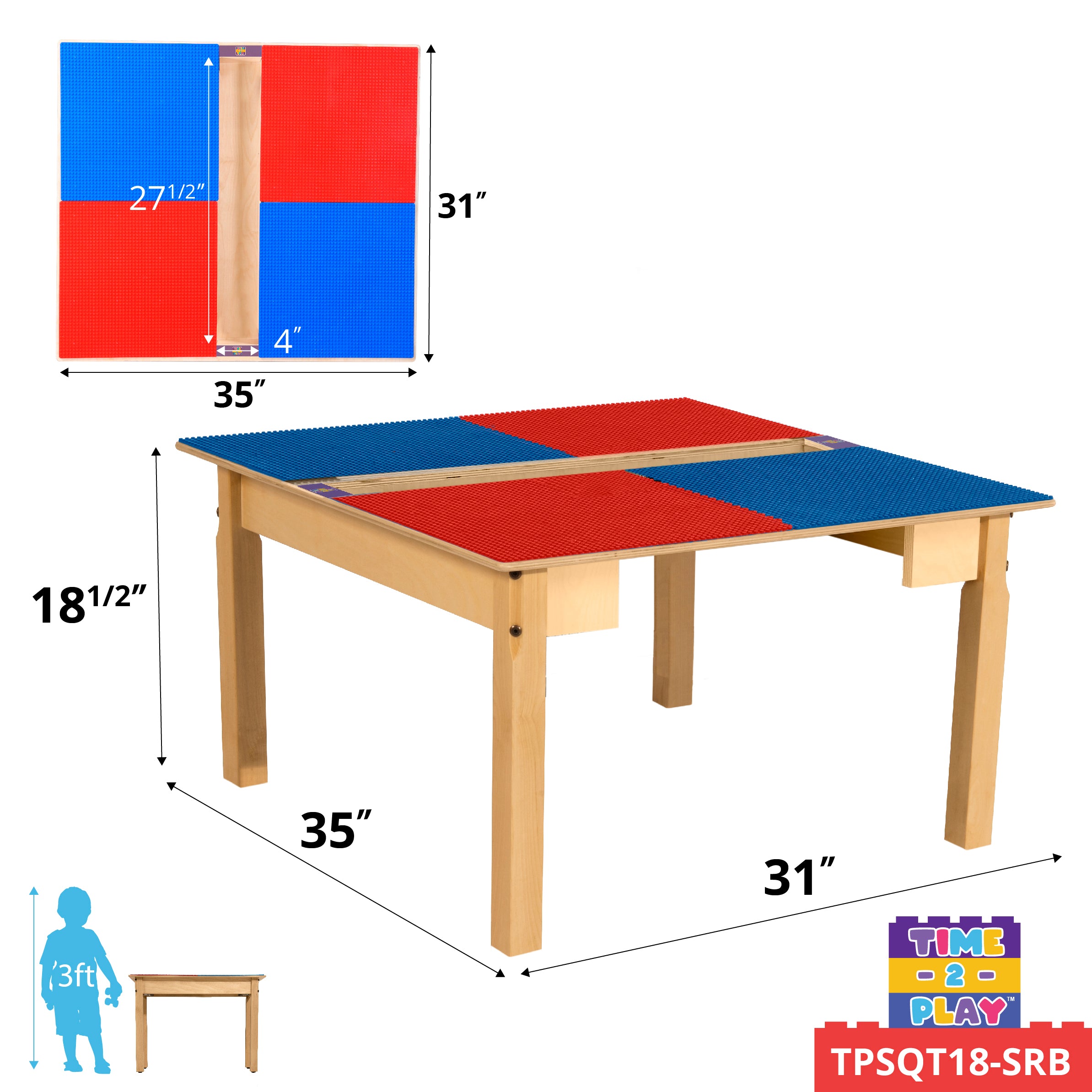 Square Time-2-Play Table with a trough, along with 18" legs and a LEGO® Compatible Grid of RED/BLUE Color
