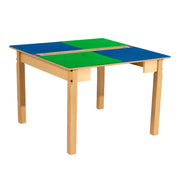 Square Time-2-Play Table with a trough, along with 20" legs and a LEGO® Compatible Grid of BLUE/GREEN Color