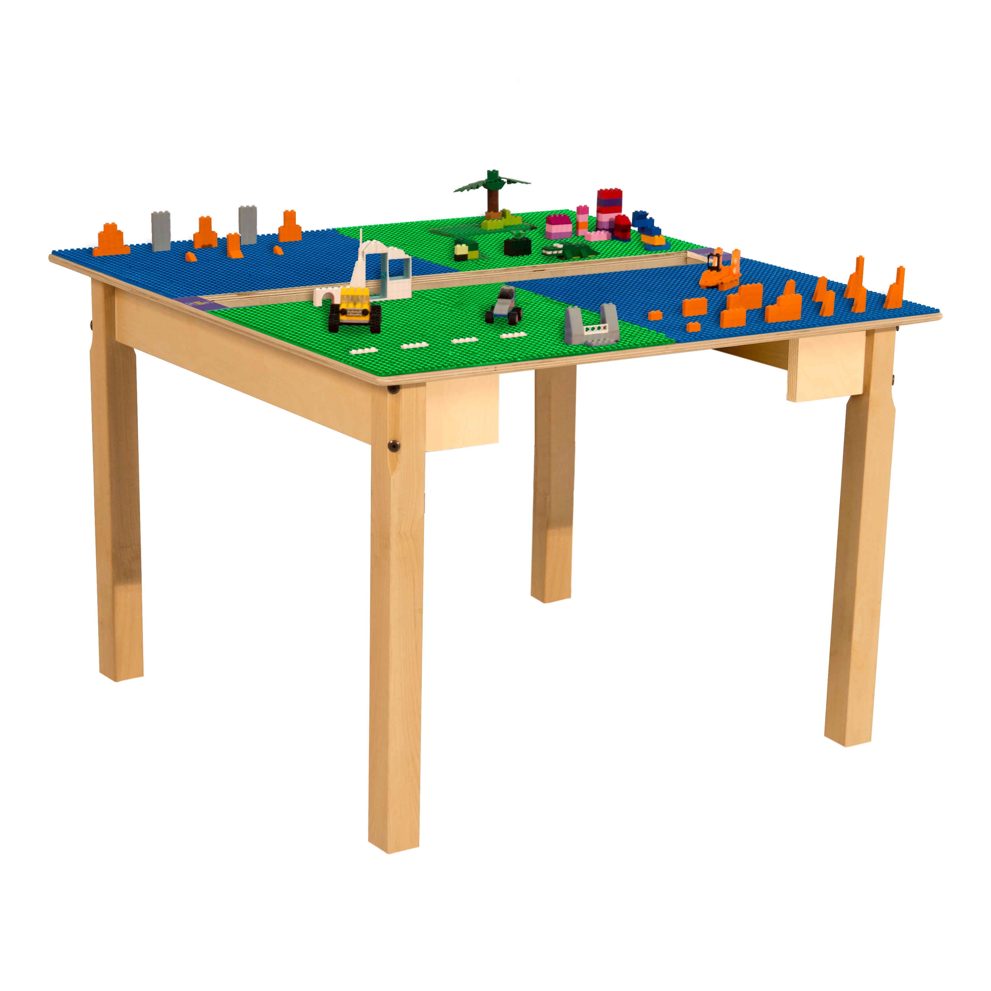 Square Time-2-Play Table with a trough, along with 20" legs and a LEGO® Compatible Grid of BLUE/GREEN Color