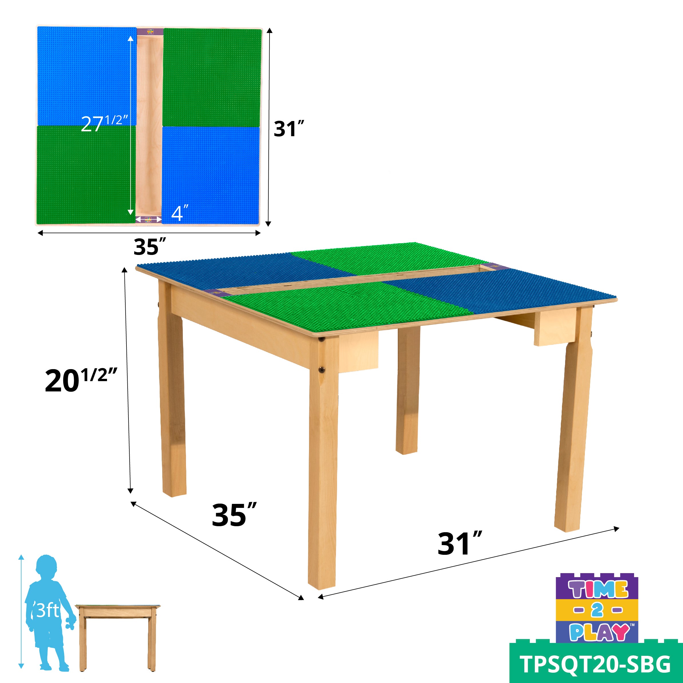 Square Time-2-Play Table with a trough, along with 20" legs and a LEGO® Compatible Grid of BLUE/GREEN Color