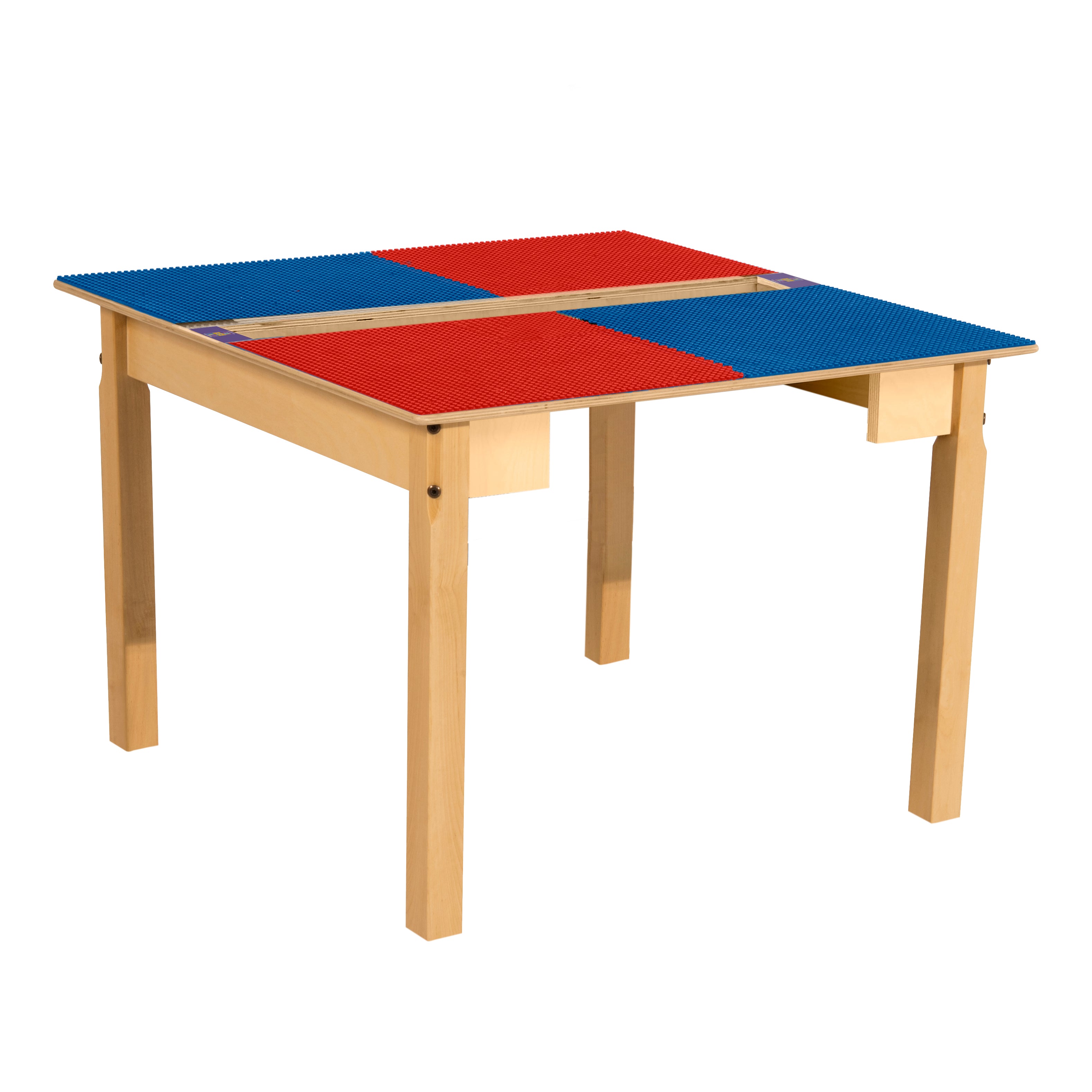 Square Time-2-Play Table with a trough, along with 20" legs and a LEGO® Compatible Grid of RED/BLUE Color