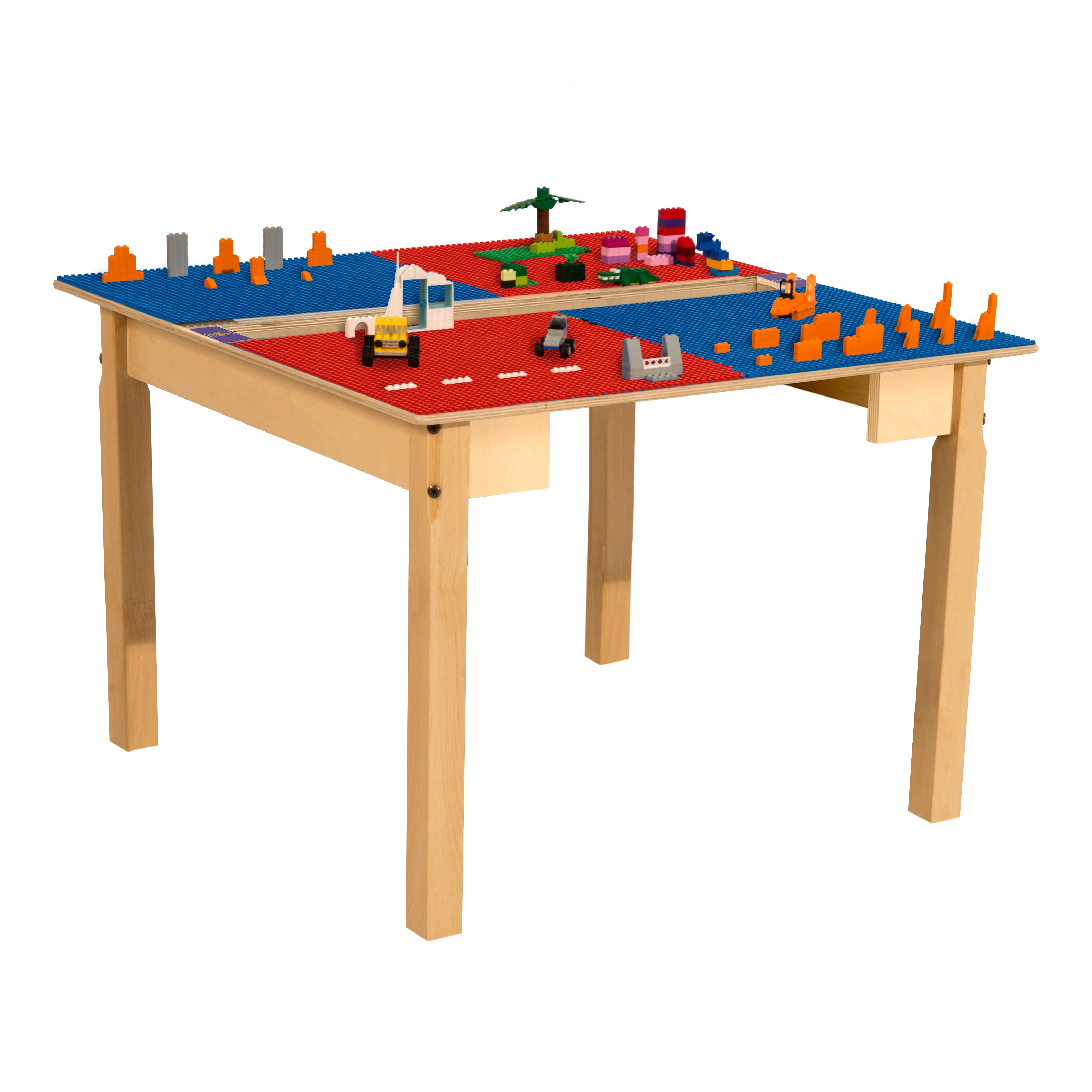 Square Time-2-Play Table with a trough, along with 22" legs and a LEGO® Compatible Grid of RED/BLUE Color