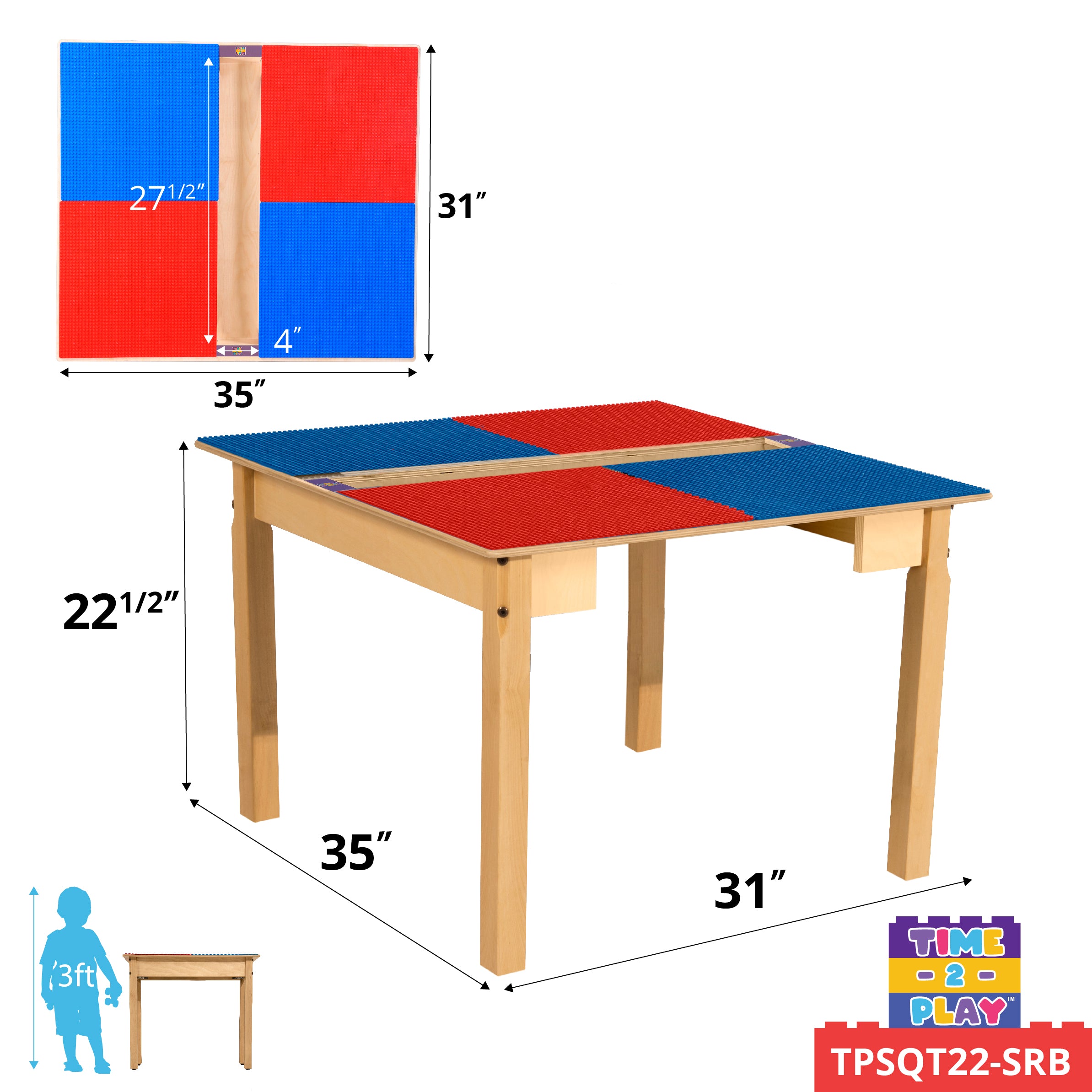 Square Time-2-Play Table with a trough, along with 22" legs and a LEGO® Compatible Grid of RED/BLUE Color