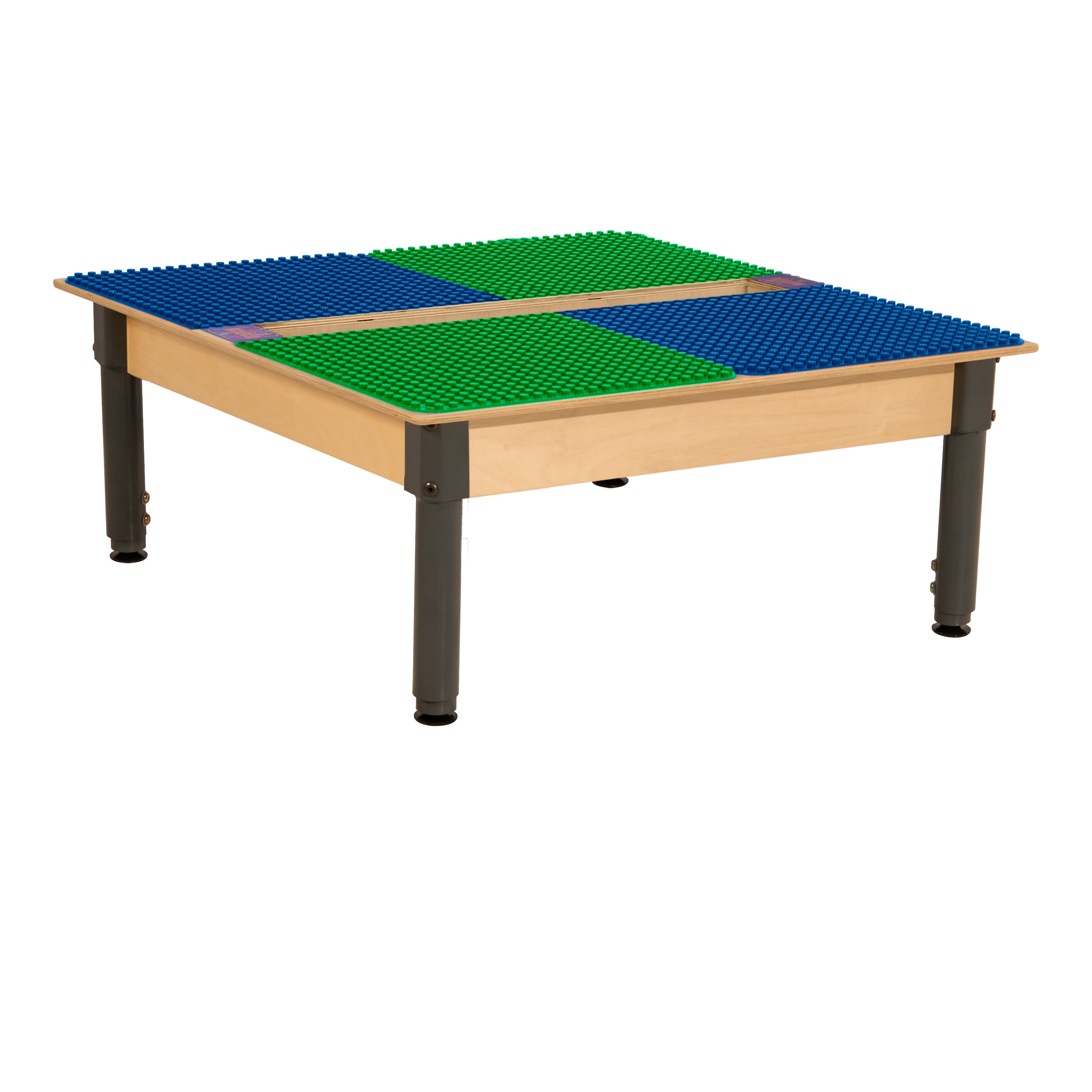 Square Time-2-Play Table with a trough, along with adjustable 12"-17" legs and a DUPLO® Compatible Grid of BLUE/GREEN Color