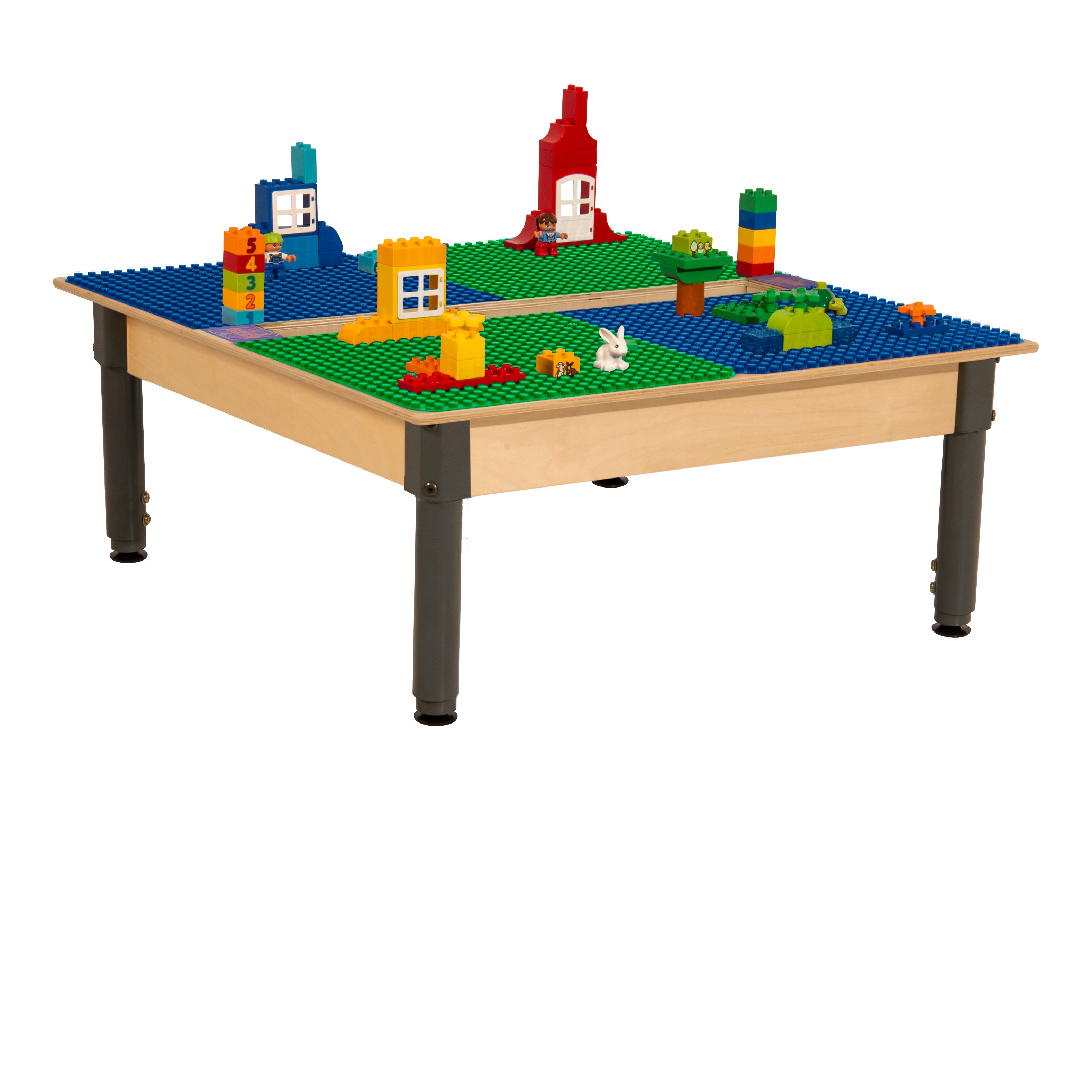 Square Time-2-Play Table with a trough, along with adjustable 12"-17" legs and a DUPLO® Compatible Grid of BLUE/GREEN Color
