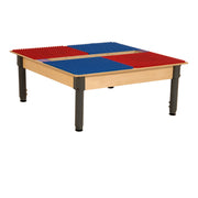 Square Time-2-Play Table with a trough, along with adjustable 12"-17" legs and a DUPLO® Compatible Grid of RED/BLUE Color