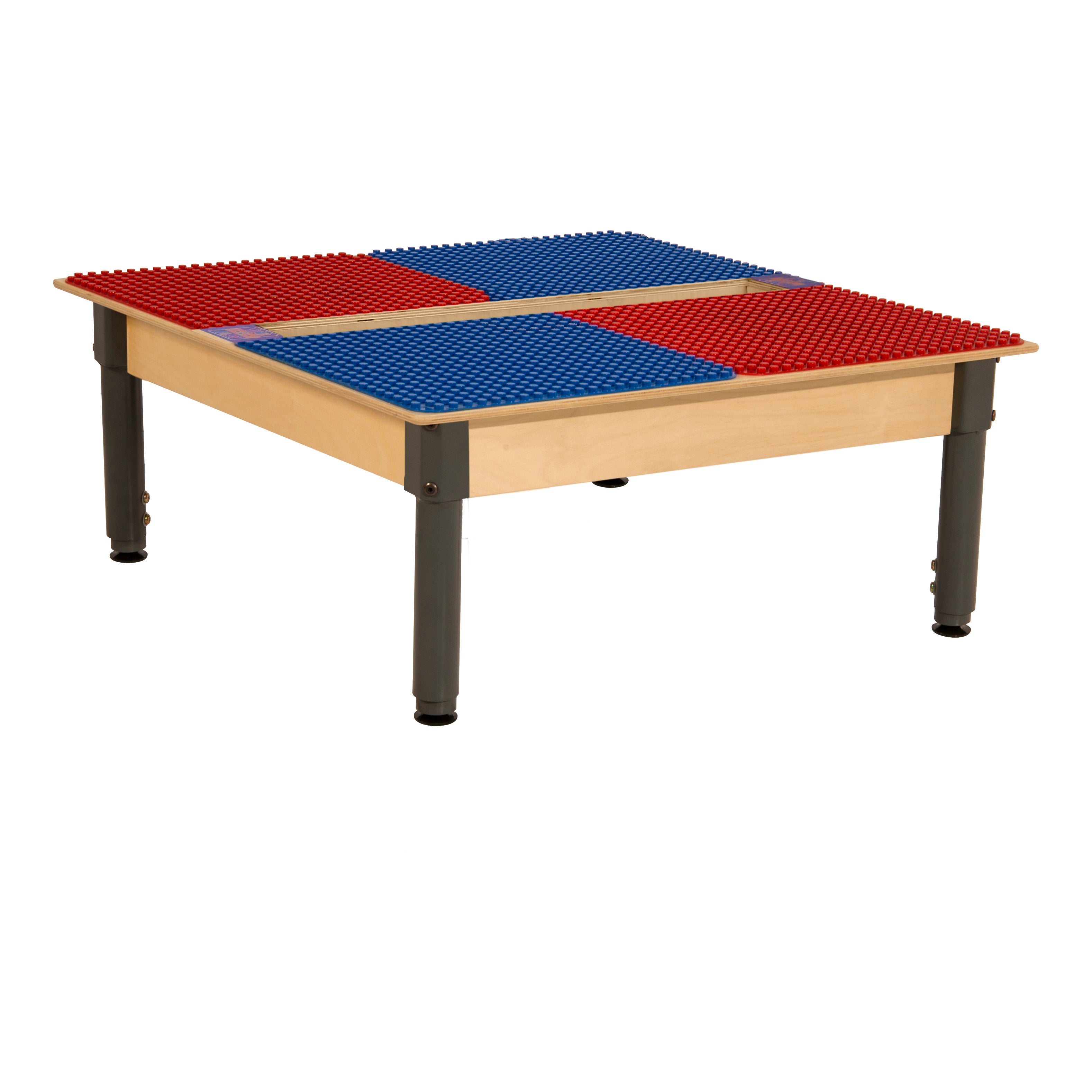 Square Time-2-Play Table with a trough, along with adjustable 12"-17" legs and a DUPLO® Compatible Grid of RED/BLUE Color