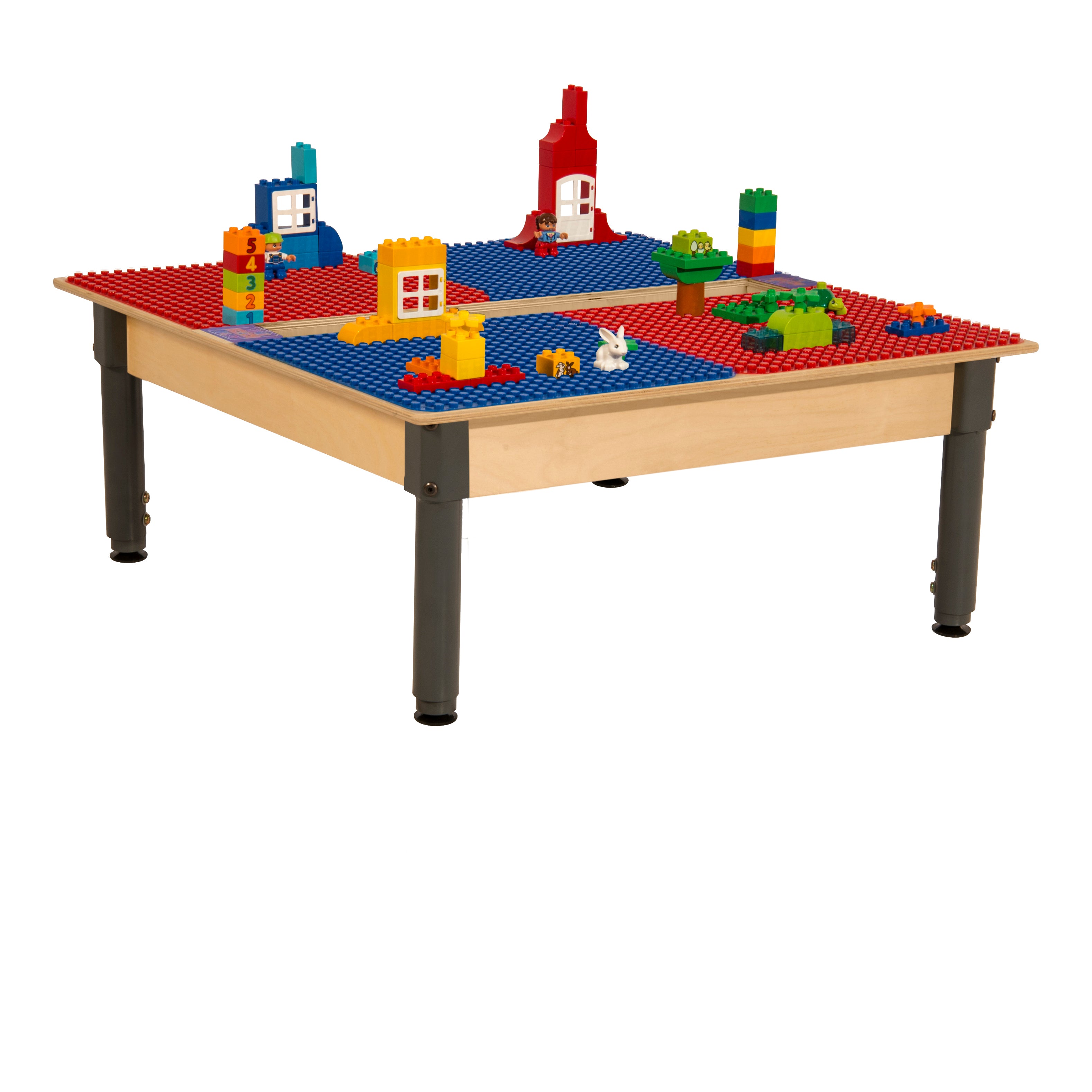 Square Time-2-Play Table with a trough, along with adjustable 12"-17" legs and a DUPLO® Compatible Grid of RED/BLUE Color