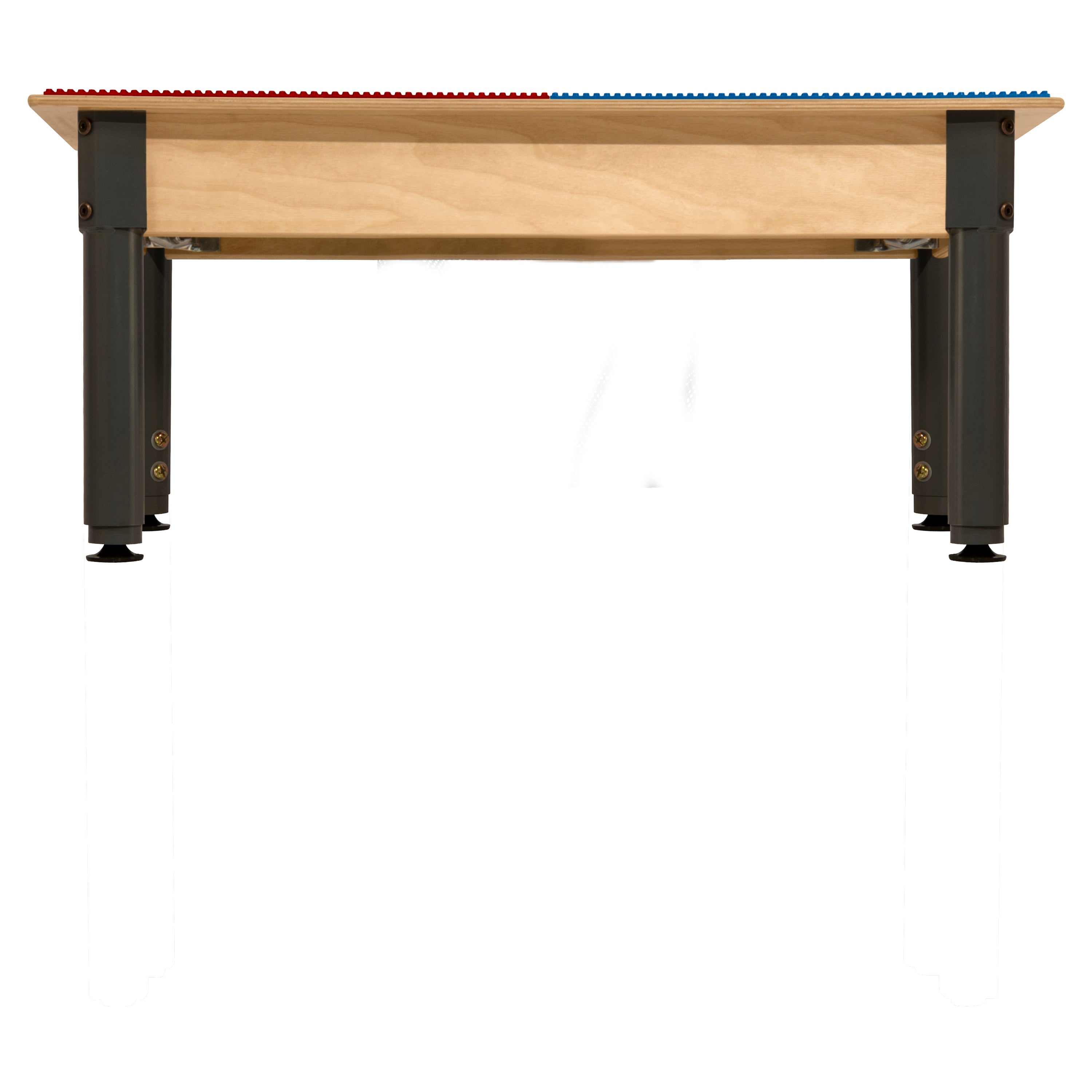 Square Time-2-Play Table with a trough, along with adjustable 12"-17" legs and a DUPLO® Compatible Grid of RED/BLUE Color