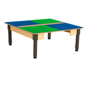 Square Time-2-Play Table with a trough, along with adjustable 12"-17" legs and a LEGO® Compatible Grid of BLUE/GREEN Color