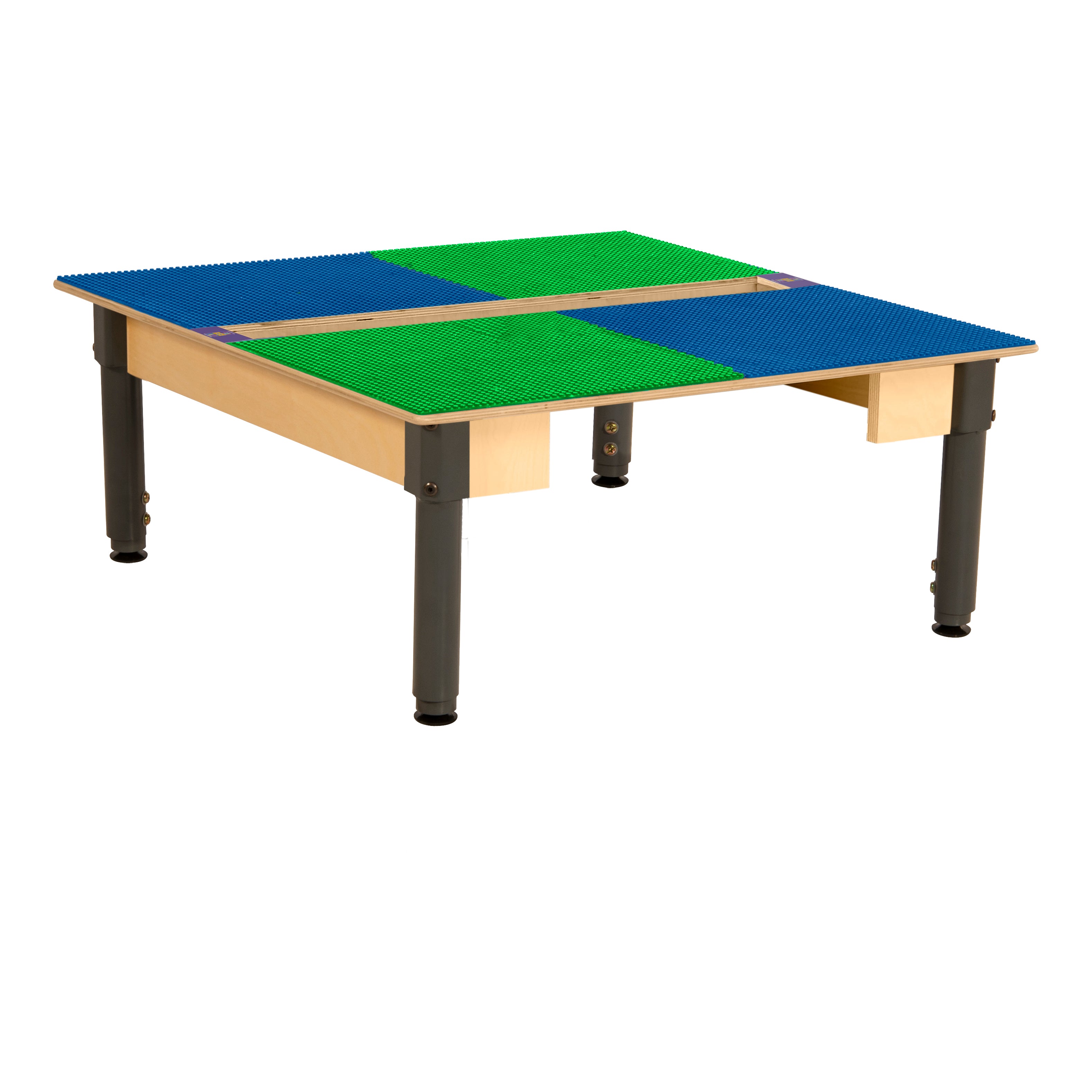 Square Time-2-Play Table with a trough, along with adjustable 12"-17" legs and a LEGO® Compatible Grid of BLUE/GREEN Color
