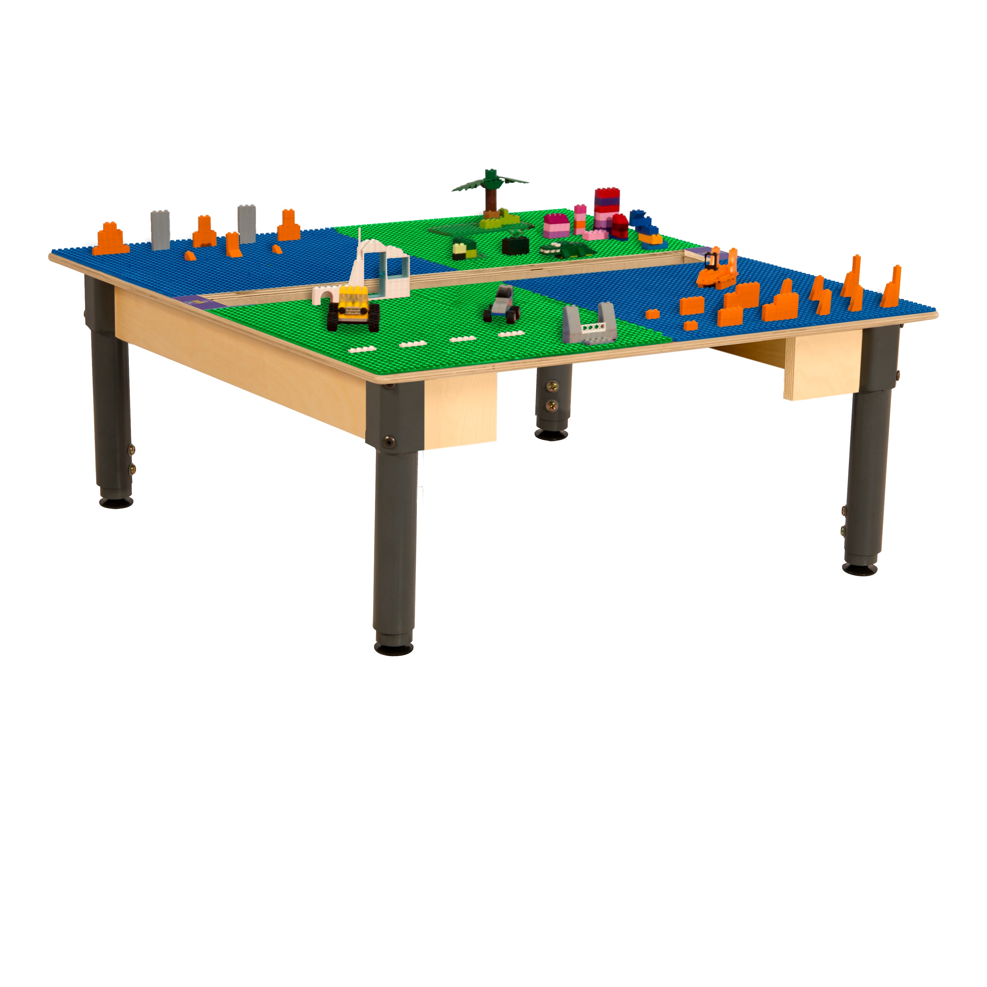 Square Time-2-Play Table with a trough, along with adjustable 12"-17" legs and a LEGO® Compatible Grid of BLUE/GREEN Color
