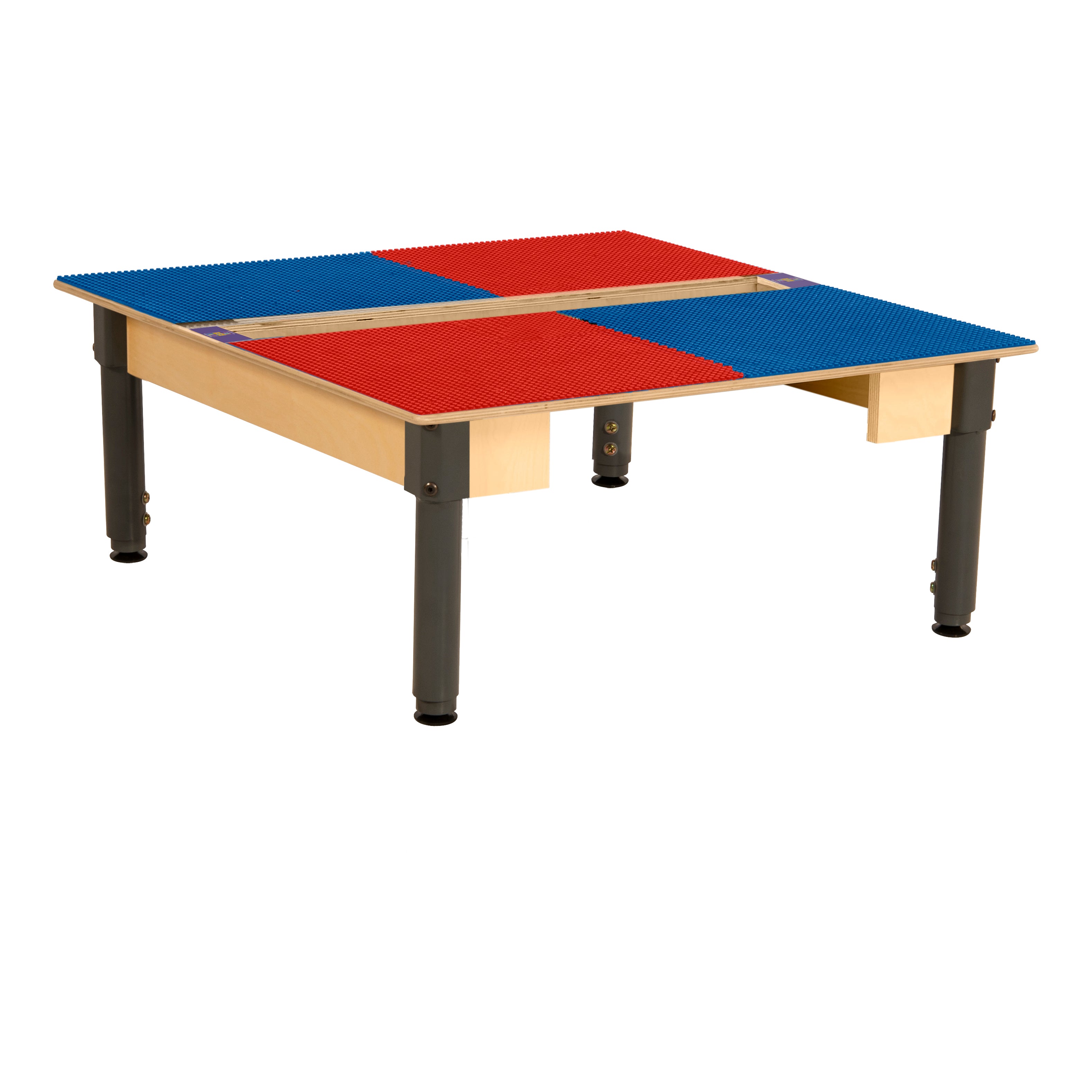 Square Time-2-Play Table with a trough, along with adjustable 12"-17" legs and a LEGO® Compatible Grid of RED/BLUE Color