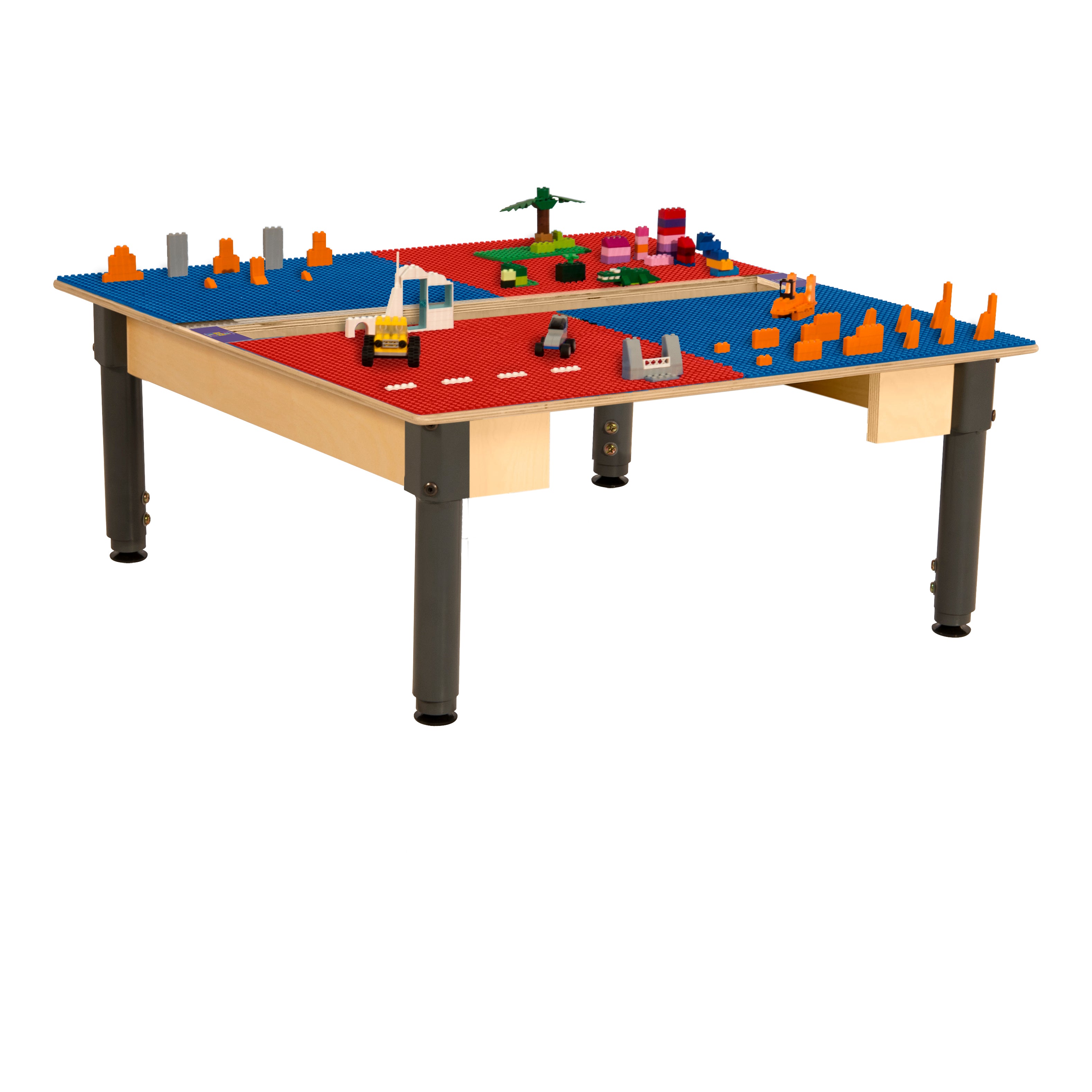 Square Time-2-Play Table with a trough, along with adjustable 12"-17" legs and a LEGO® Compatible Grid of RED/BLUE Color