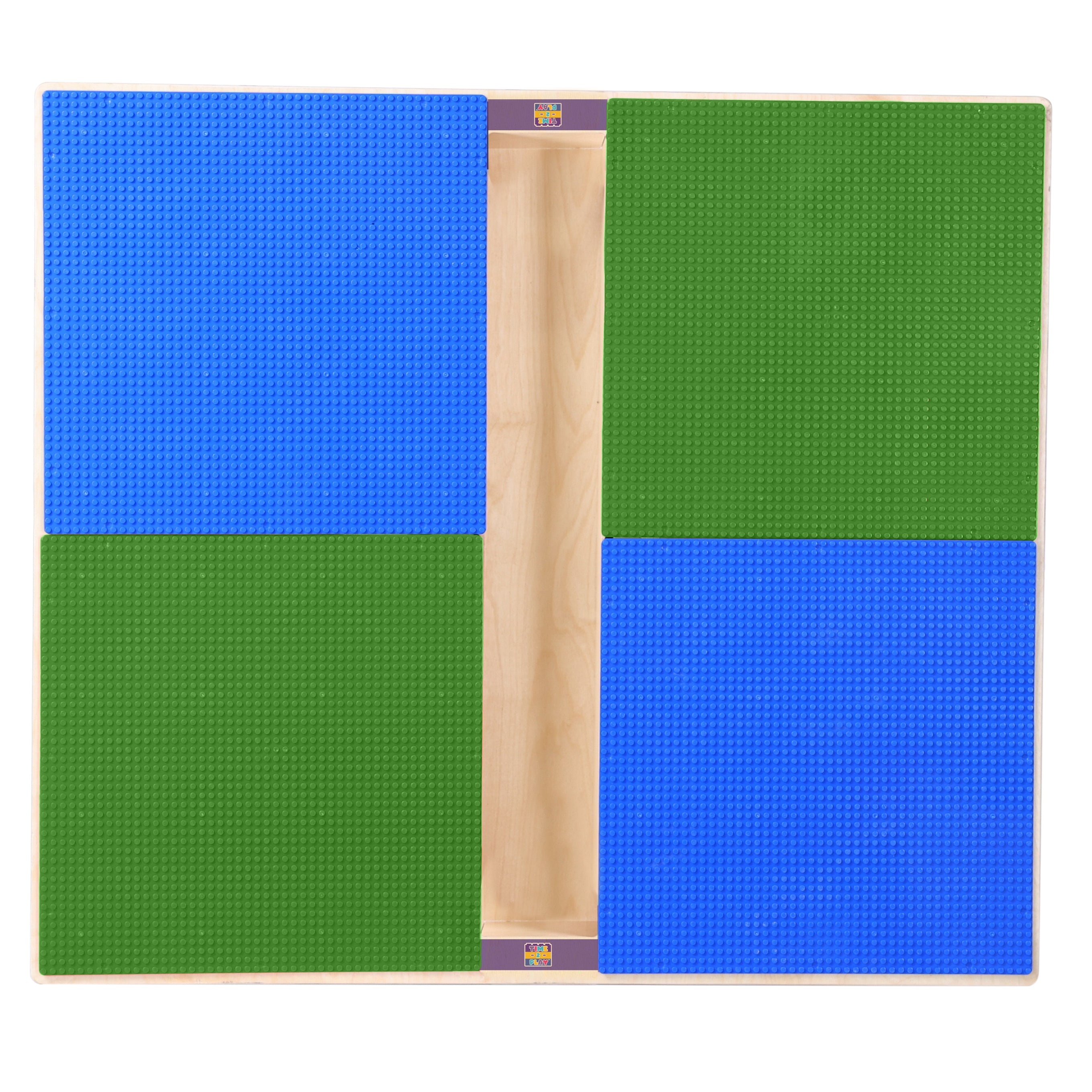 Square Time-2-Play Table with a trough, along with adjustable 12"-17" legs with locking casters and a DUPLO® Compatible Grid of BLUE/GREEN Color