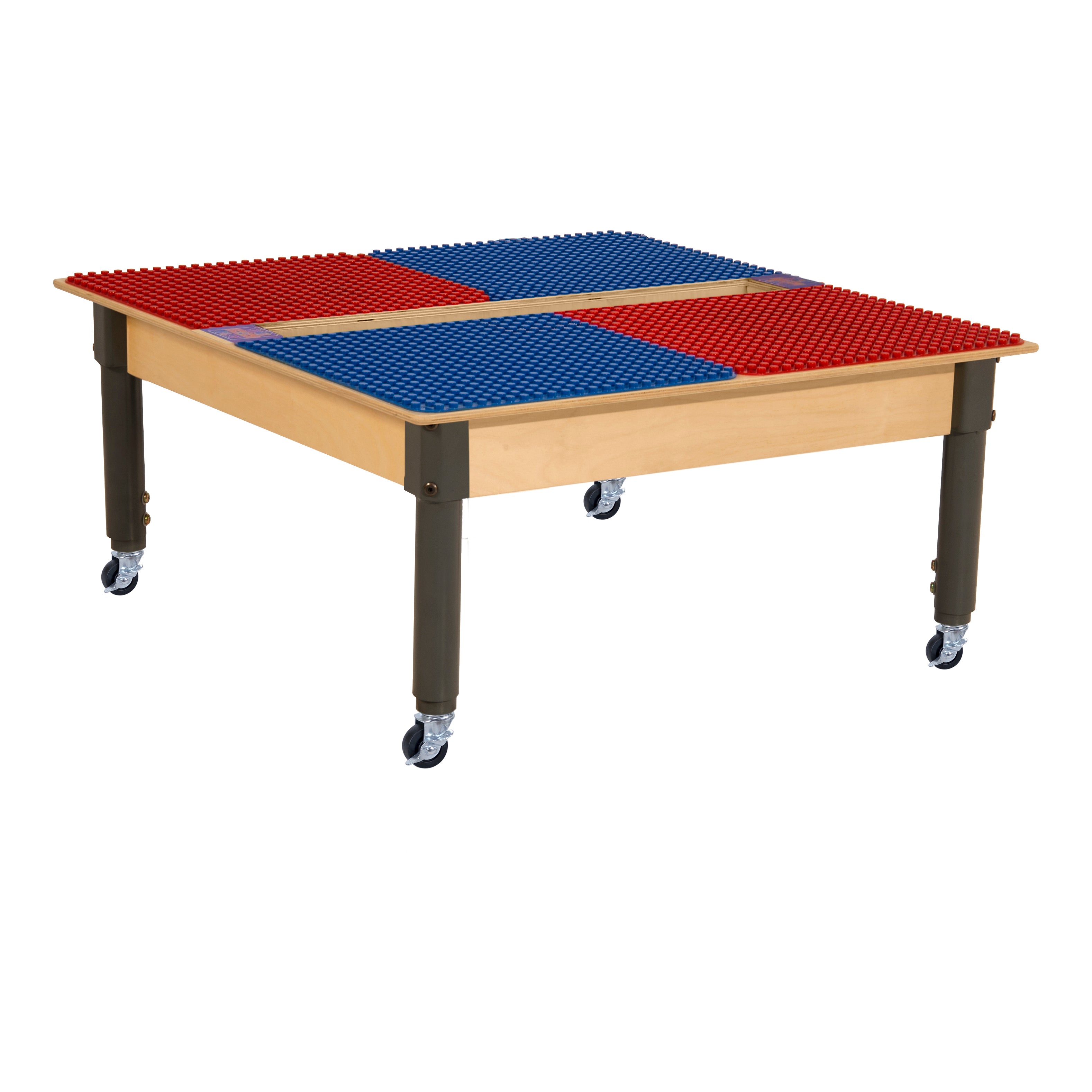 Square Time-2-Play Table with a trough, along with adjustable 12"-17" legs with locking casters and a DUPLO® Compatible Grid of RED/BLUE Color