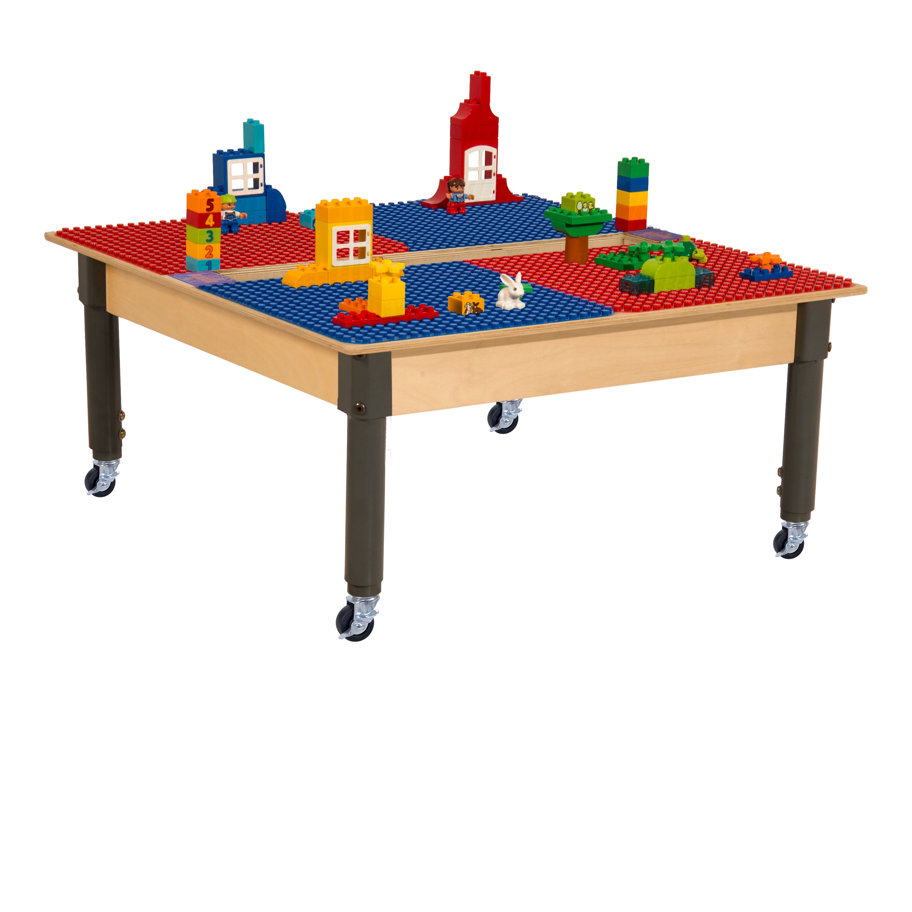 Square Time-2-Play Table with a trough, along with adjustable 12"-17" legs with locking casters and a DUPLO® Compatible Grid of RED/BLUE Color