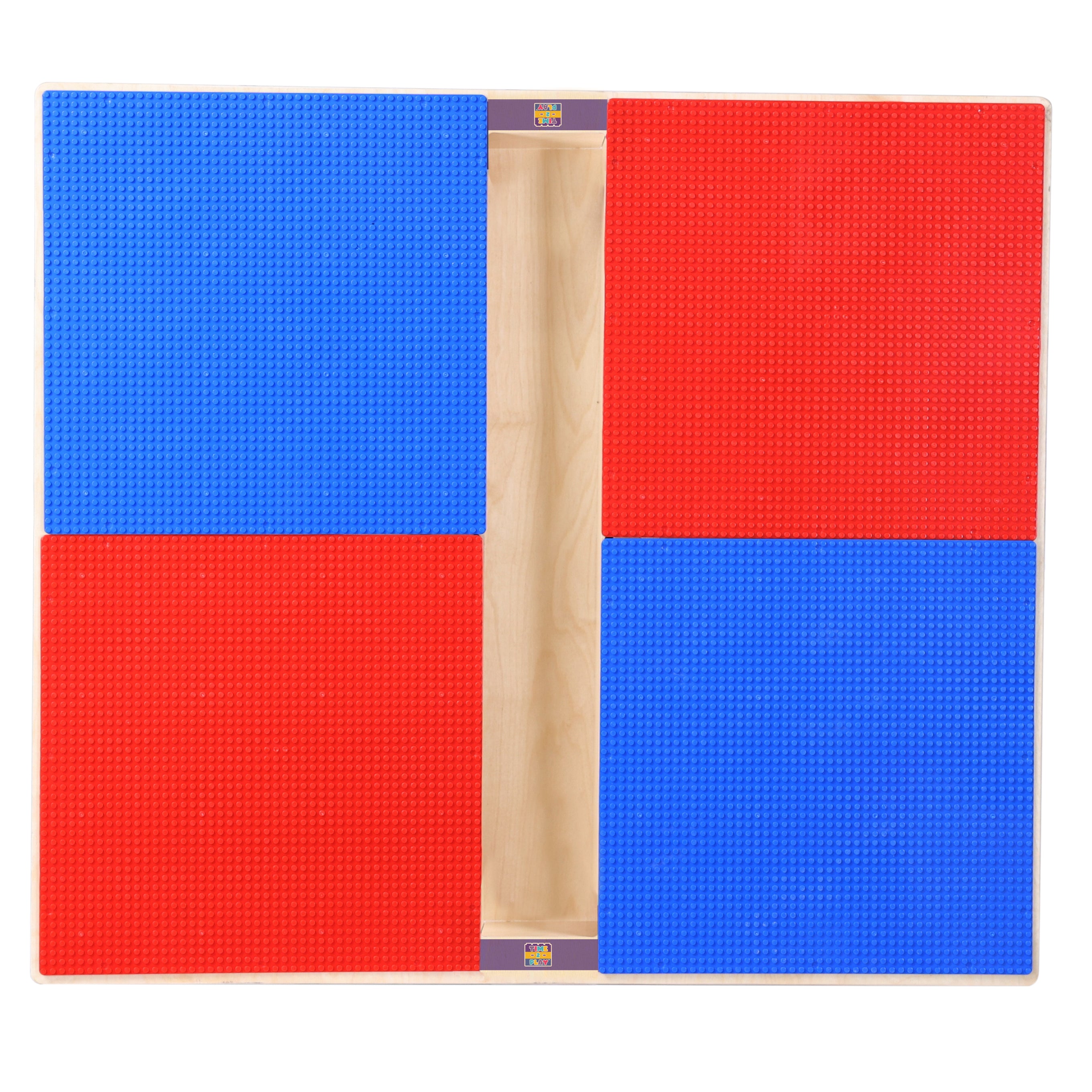 Square Time-2-Play Table with a trough, along with adjustable 12"-17" legs with locking casters and a DUPLO® Compatible Grid of RED/BLUE Color