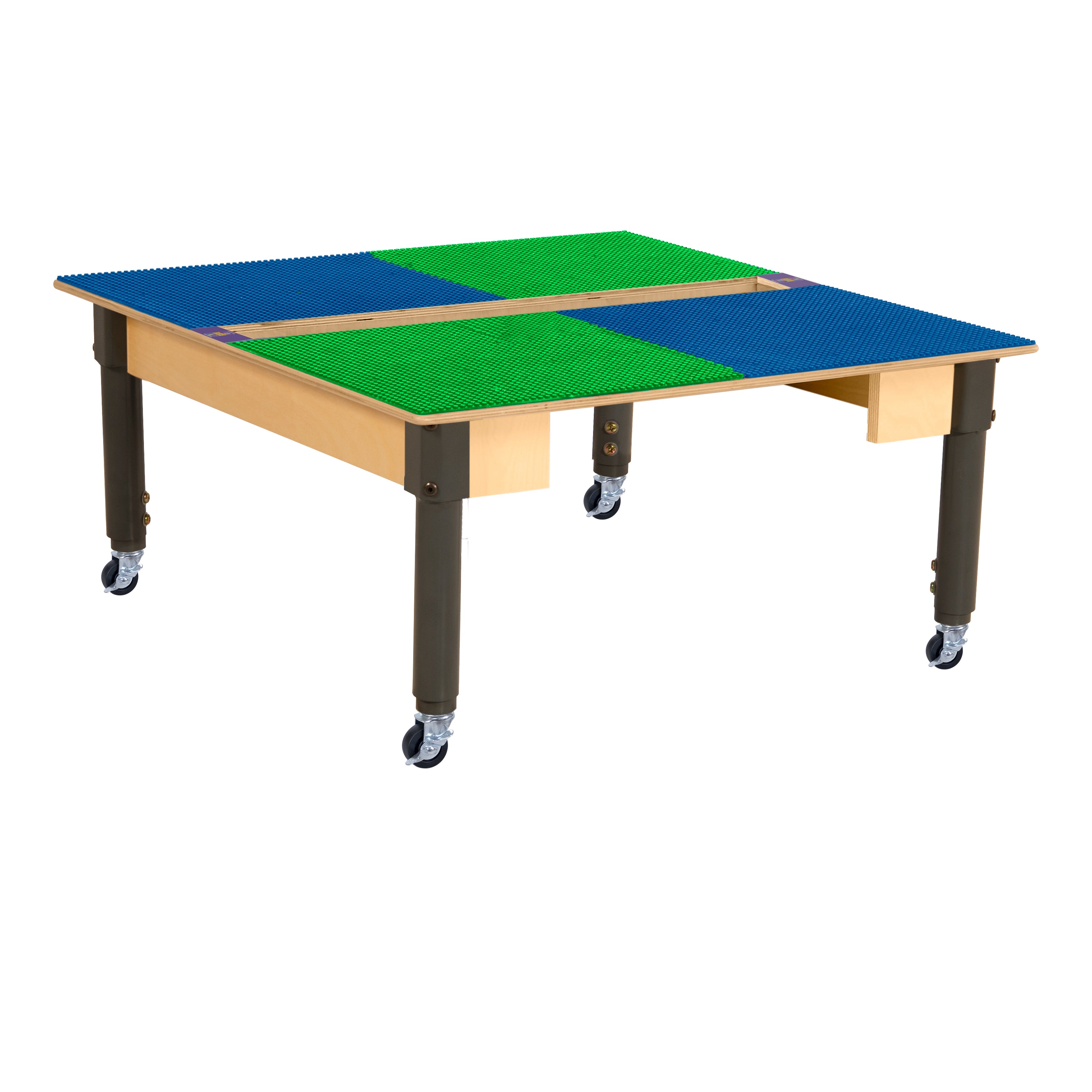 Square Time-2-Play Table with a trough, along with adjustable 12"-18" legs with locking casters and a LEGO® Compatible Grid of BLUE/GREEN Color