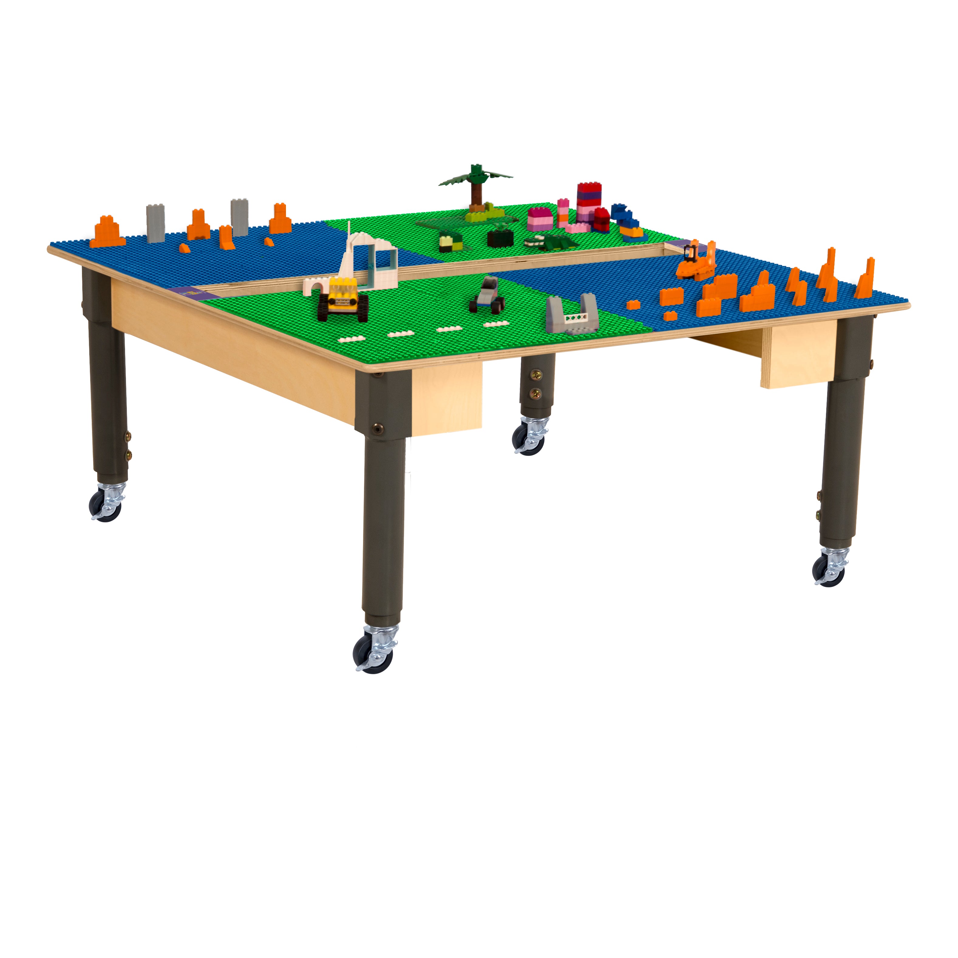 Square Time-2-Play Table with a trough, along with adjustable 12"-18" legs with locking casters and a LEGO® Compatible Grid of BLUE/GREEN Color