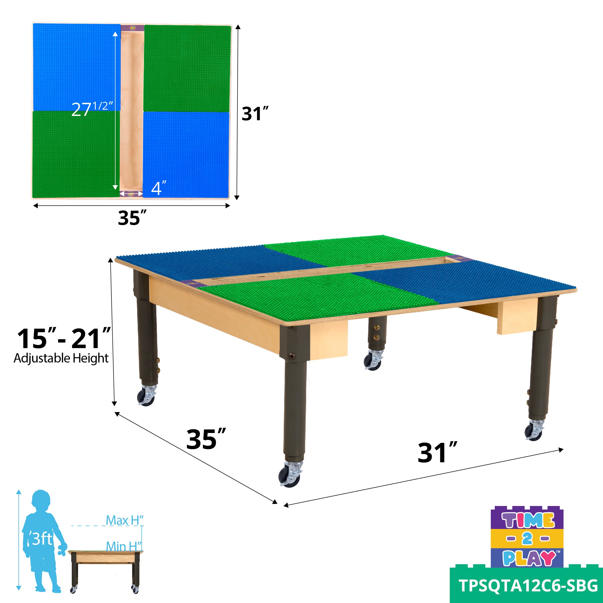 Square Time-2-Play Table with a trough, along with adjustable 12"-18" legs with locking casters and a LEGO® Compatible Grid of BLUE/GREEN Color