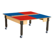 Square Time-2-Play Table with a trough, along with adjustable 12"-17" legs with locking casters and a LEGO® Compatible Grid of RED/BLUE Color
