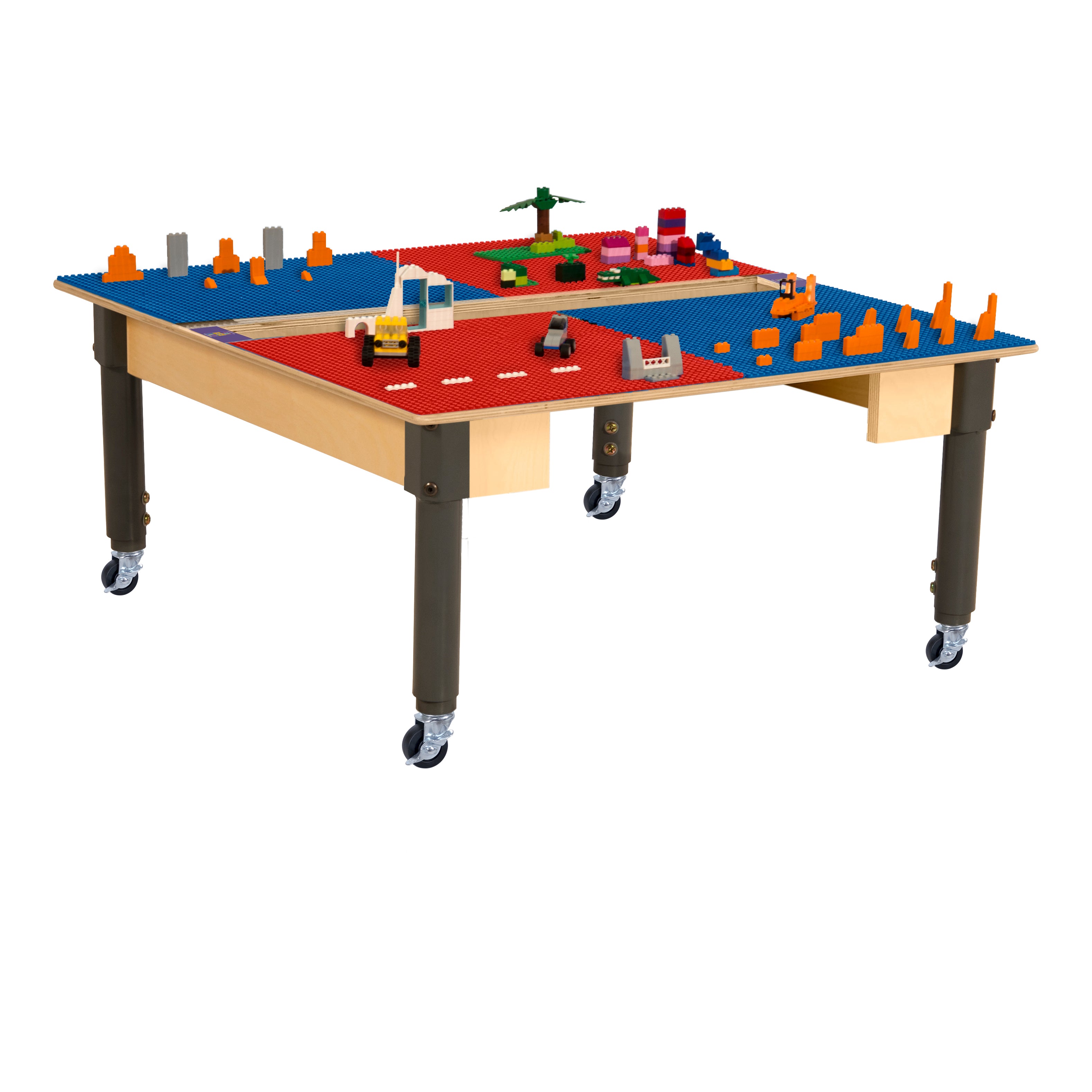 Square Time-2-Play Table with a trough, along with adjustable 12"-17" legs with locking casters and a LEGO® Compatible Grid of RED/BLUE Color